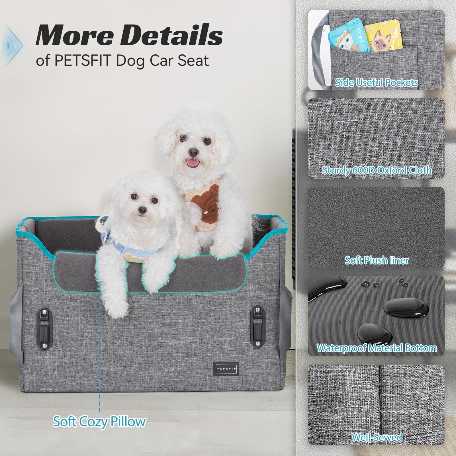 Petsfit Dog Booster Car Seat For Small/Medium Dogs, Dog Car Seat For Medium Sized Dog With 2 Clip-On Safety Leashes And Patented Buckles, Pet Car Seat With Storage Pockets For Pets Under 45Lbs (Grey)