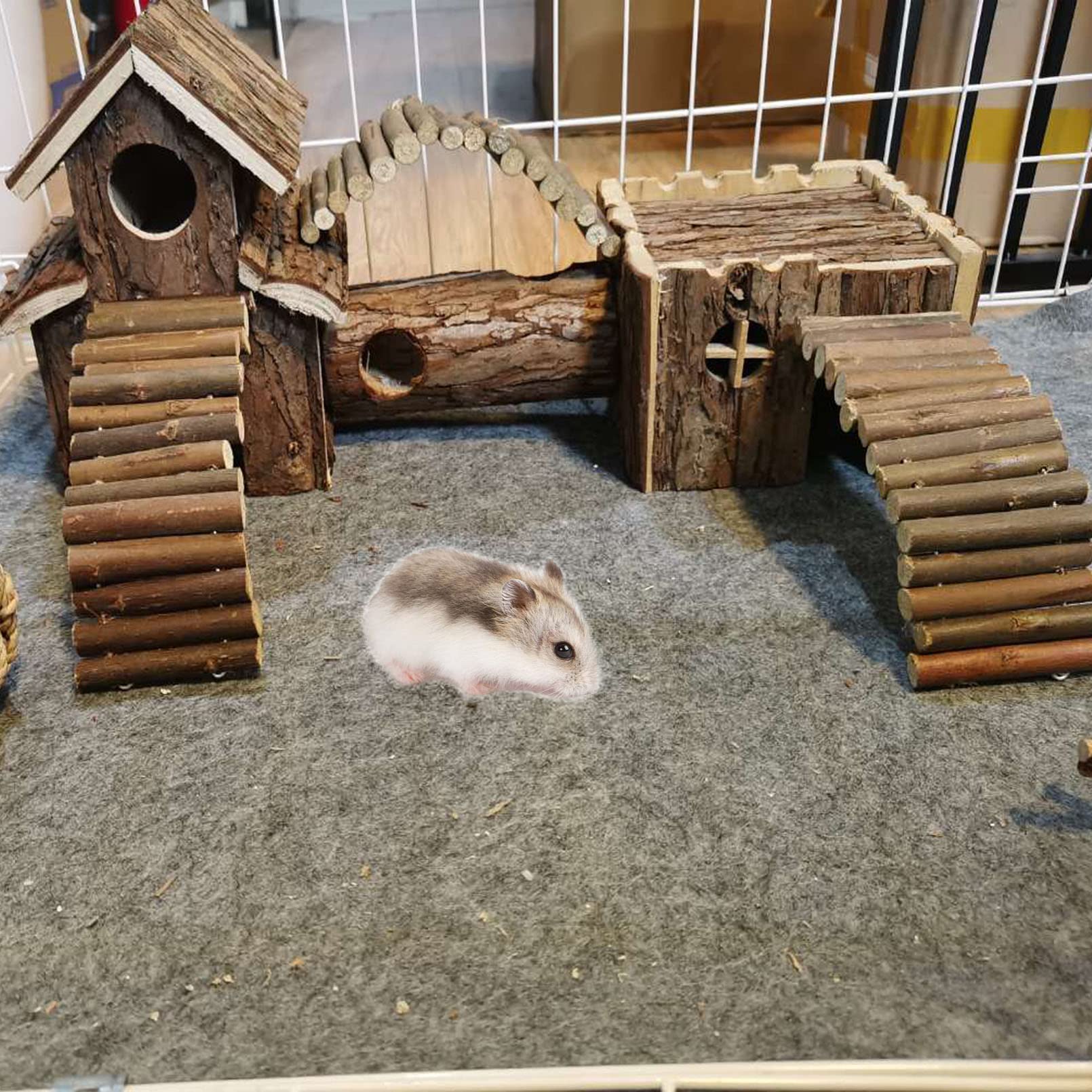 Natural Wooden Hamster Tunnel Playground Small Animal Multi-Room Hideouts Houses With Climbing Ladders & Bridge For Dwarf Hamste
