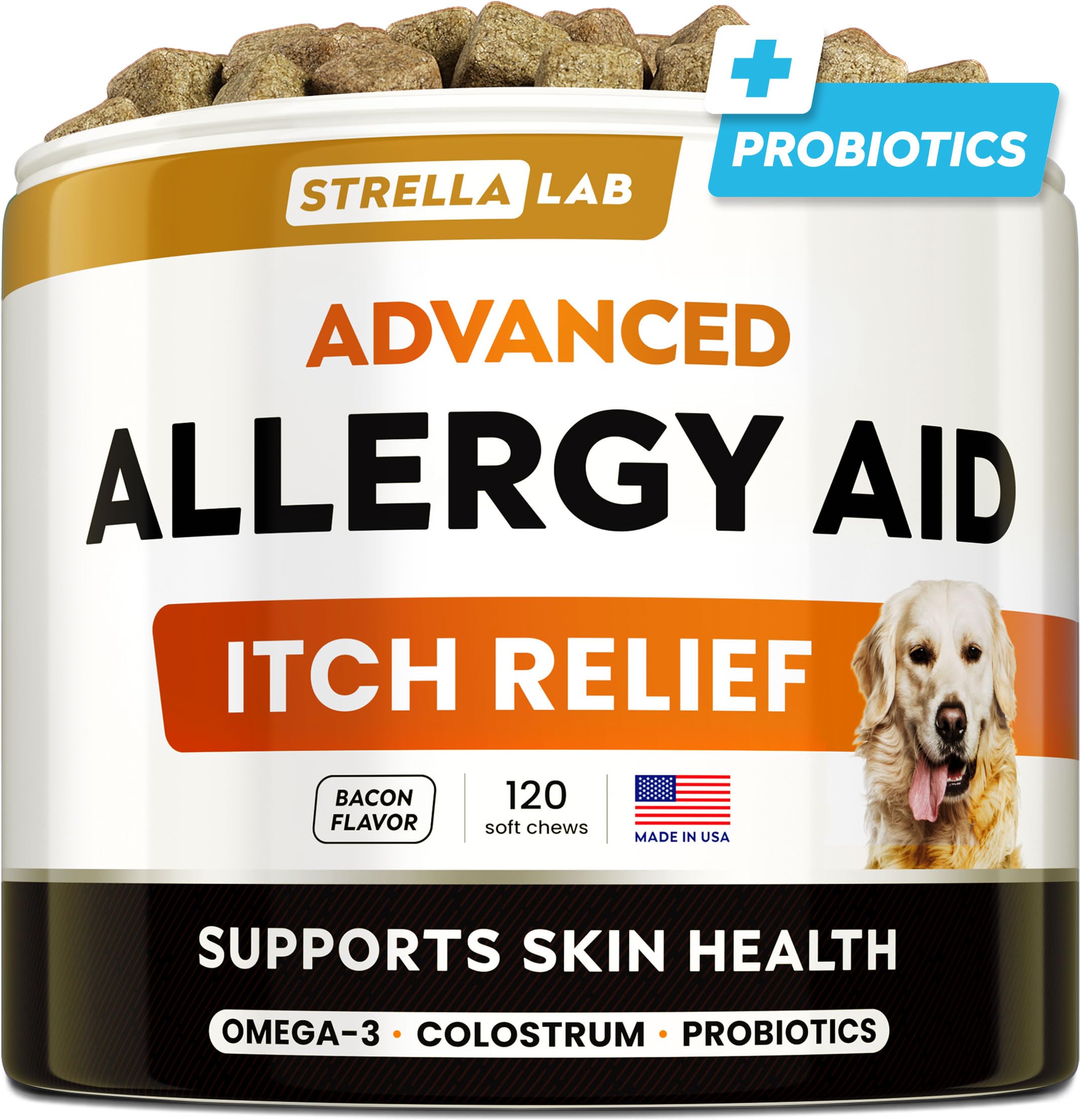 StrellaLab Dog Allergy Relief & Anti Itch Support Chews w/Omega 3: Real Ingredients, Real Taste! Skin & Coat Immune Supplement w
