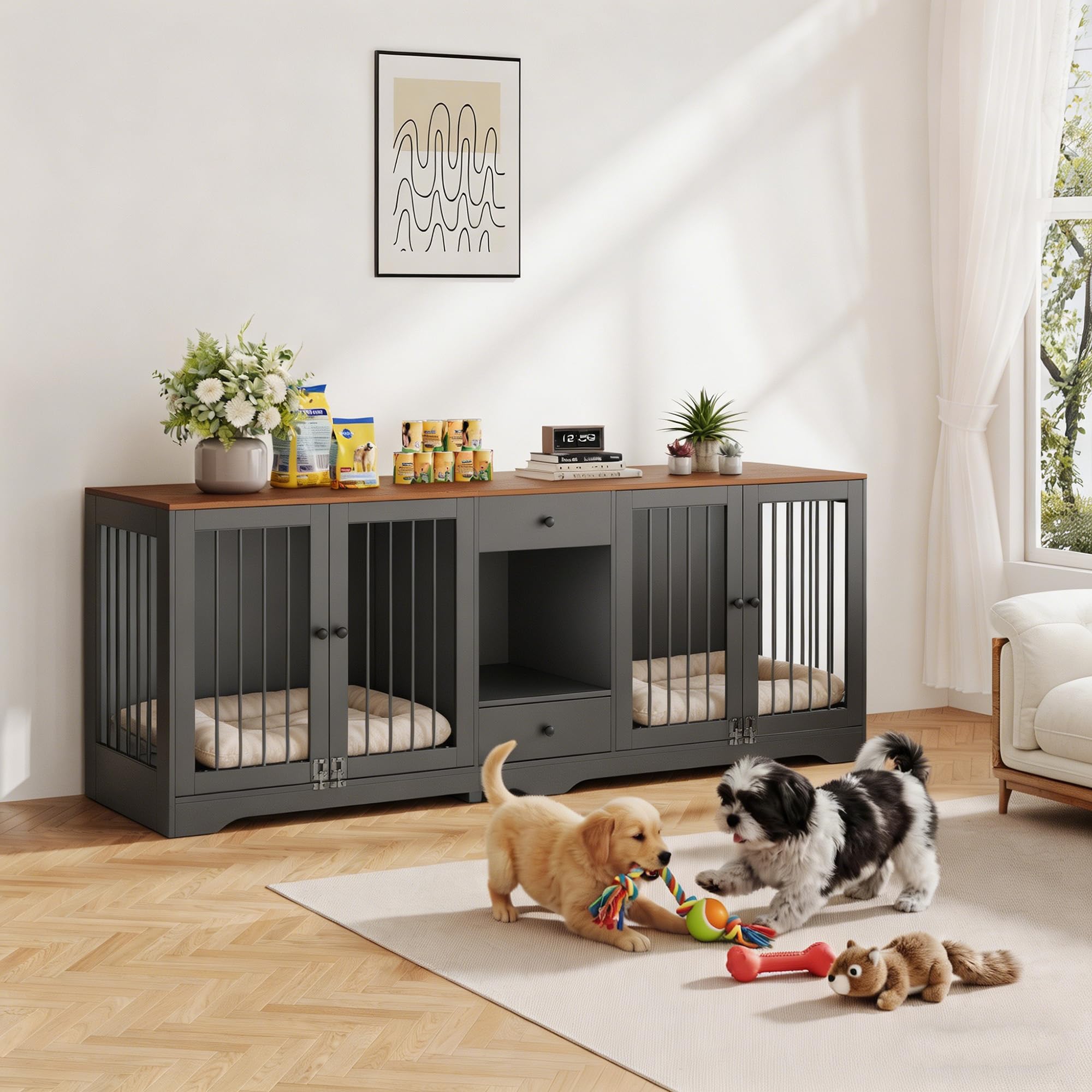 Garvee Double Dog Crate Furniture, 83 Large Dog Crate Furniture for 2 Dogs with 4 Doors and 2 Drawers, Dog Kennel Furniture fo