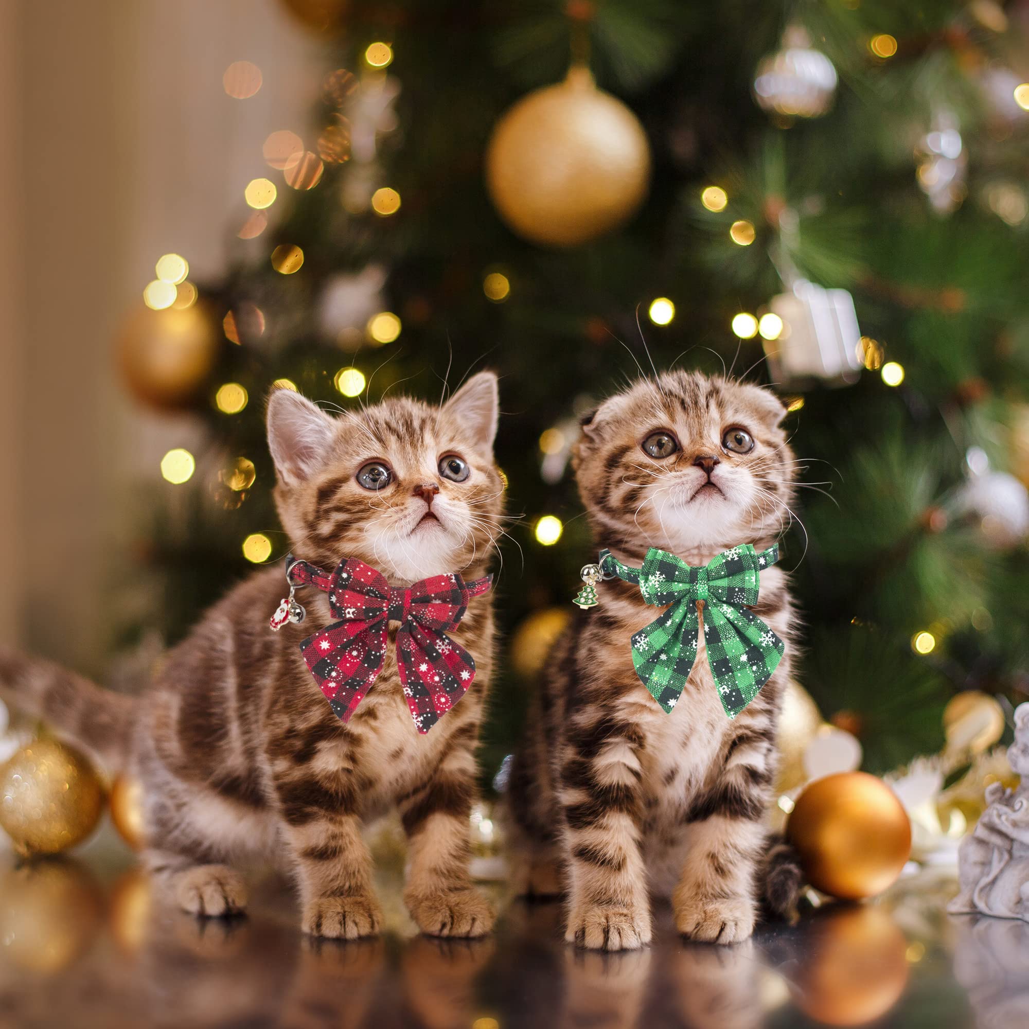 Adoggygo Christmas Cat Collars Breakaway With Stylish Bow, 2 Pack Red Green Plaid With Snowflake Christmas Kitten Collar With Bell, Removable Bowtie Cat Christmas Collar For Cats (7.5'- 10.5', Bow-2)