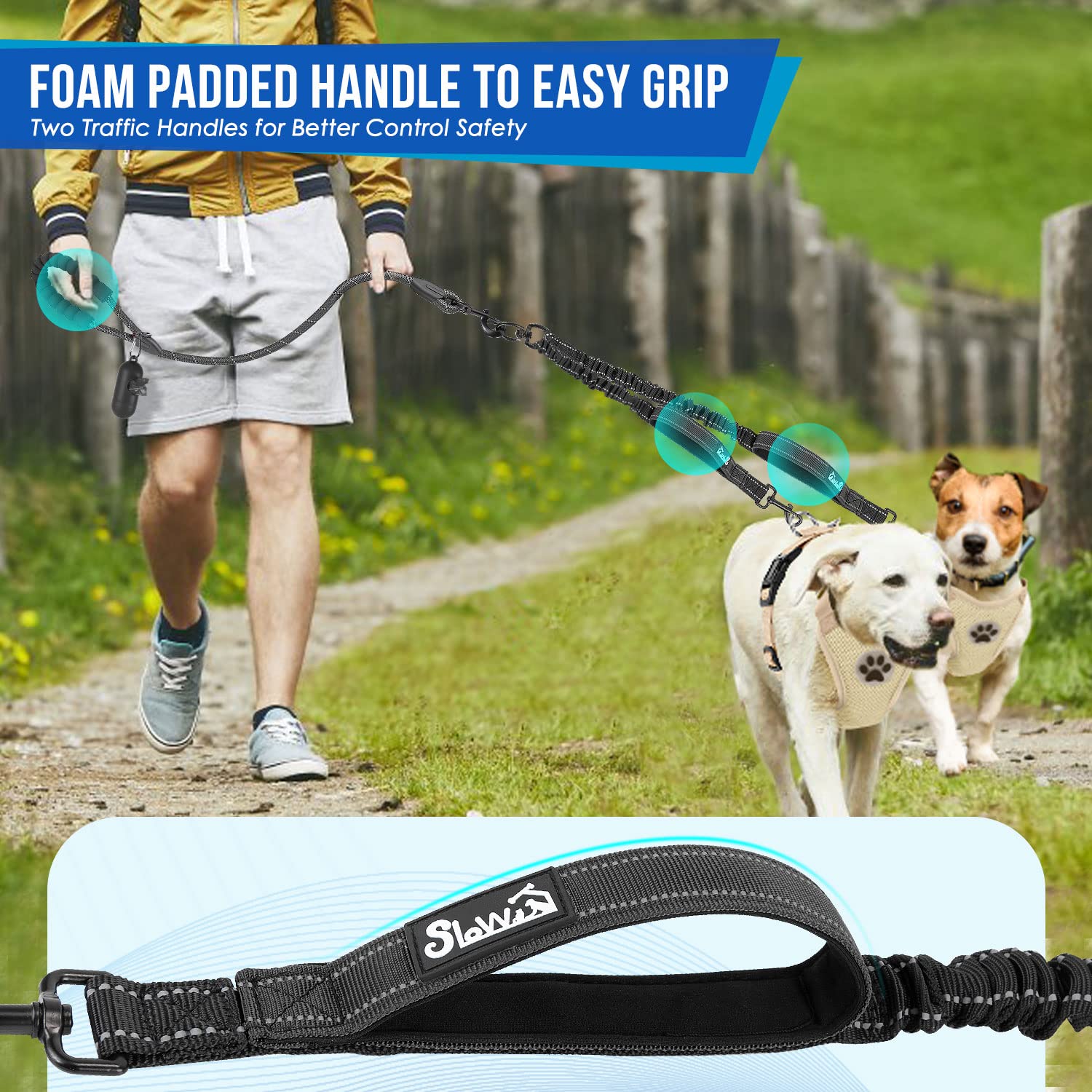 Lukovee Double Dog Leash, No Tangle - 360 Swivel Heavy Duty Reflective Lead For 2 Dogs With Two Padded Handles Dual Dog Splitter