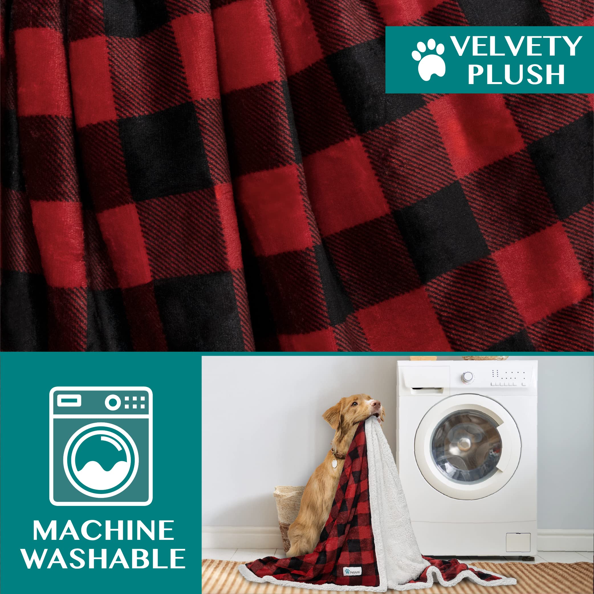 Petami Dog Blanket For Medium Large Dogs, Pet Bed Blanket Cat Puppy Kitten, Fleece Furniture Couch Cover Protector Sofa Car, Soft Sherpa Dog Throw Plush Reversible Washable, 40X60 Checker Red