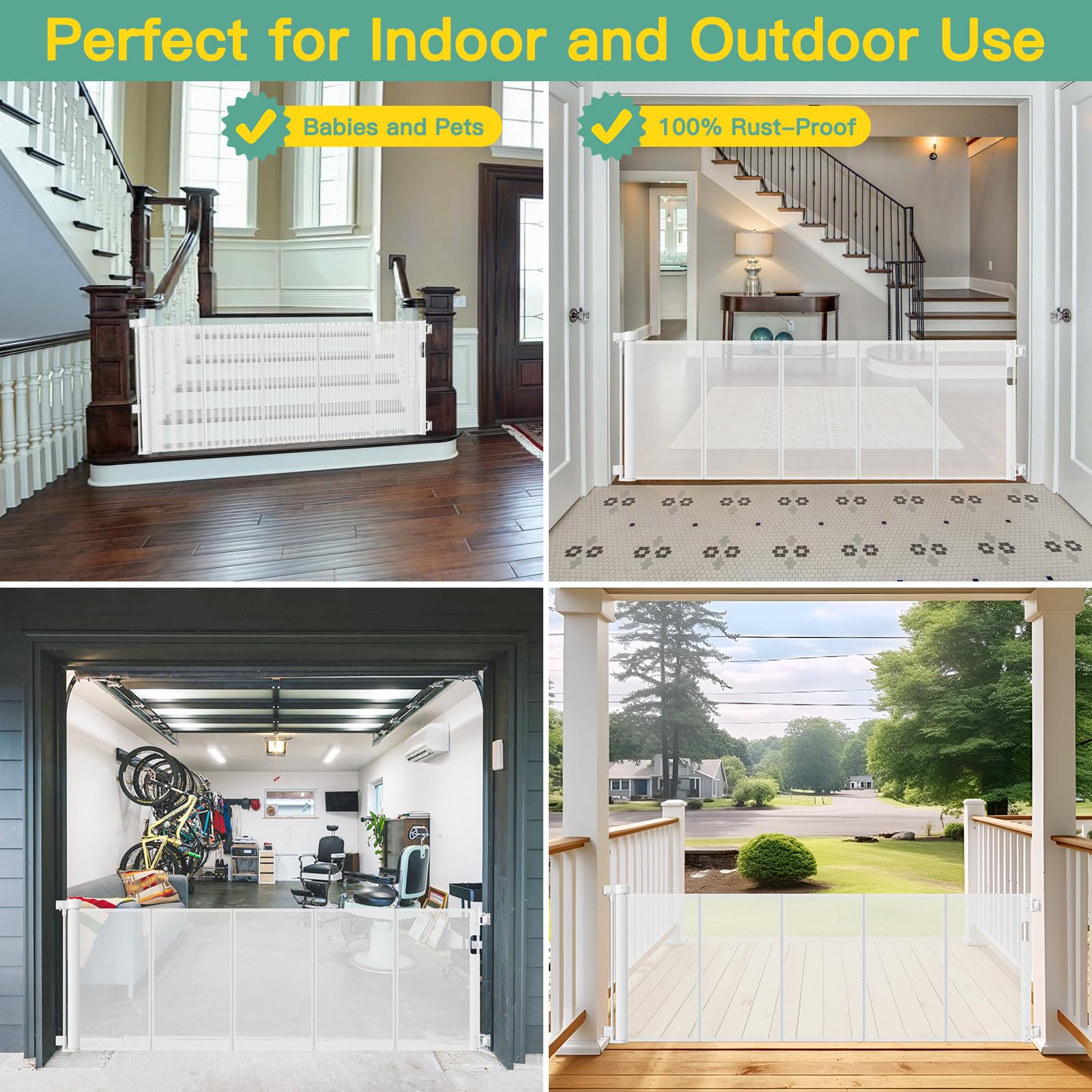 Stcockis 60" Wide Retractable Baby Gate - 33" Tall, White PVC Mesh, Model 59T6A3, Indoor/Outdoor, Anti-Escape Design