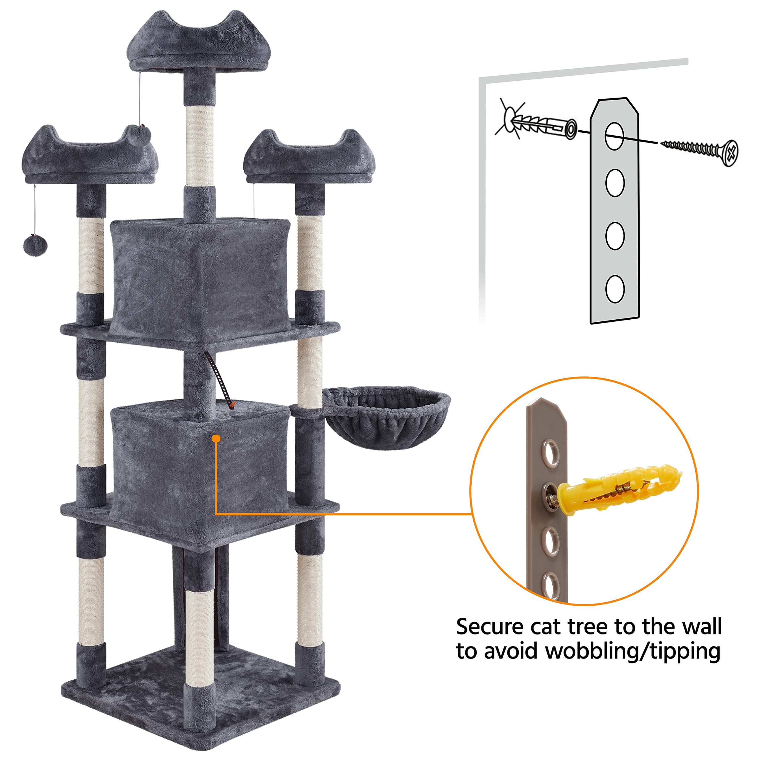 Yaheetech 76''H Large Cat Tree, Multilevel Cat House Plush Cat Tower With 2 Condos & 8 Scratching Posts For Kittens, Dark Gray