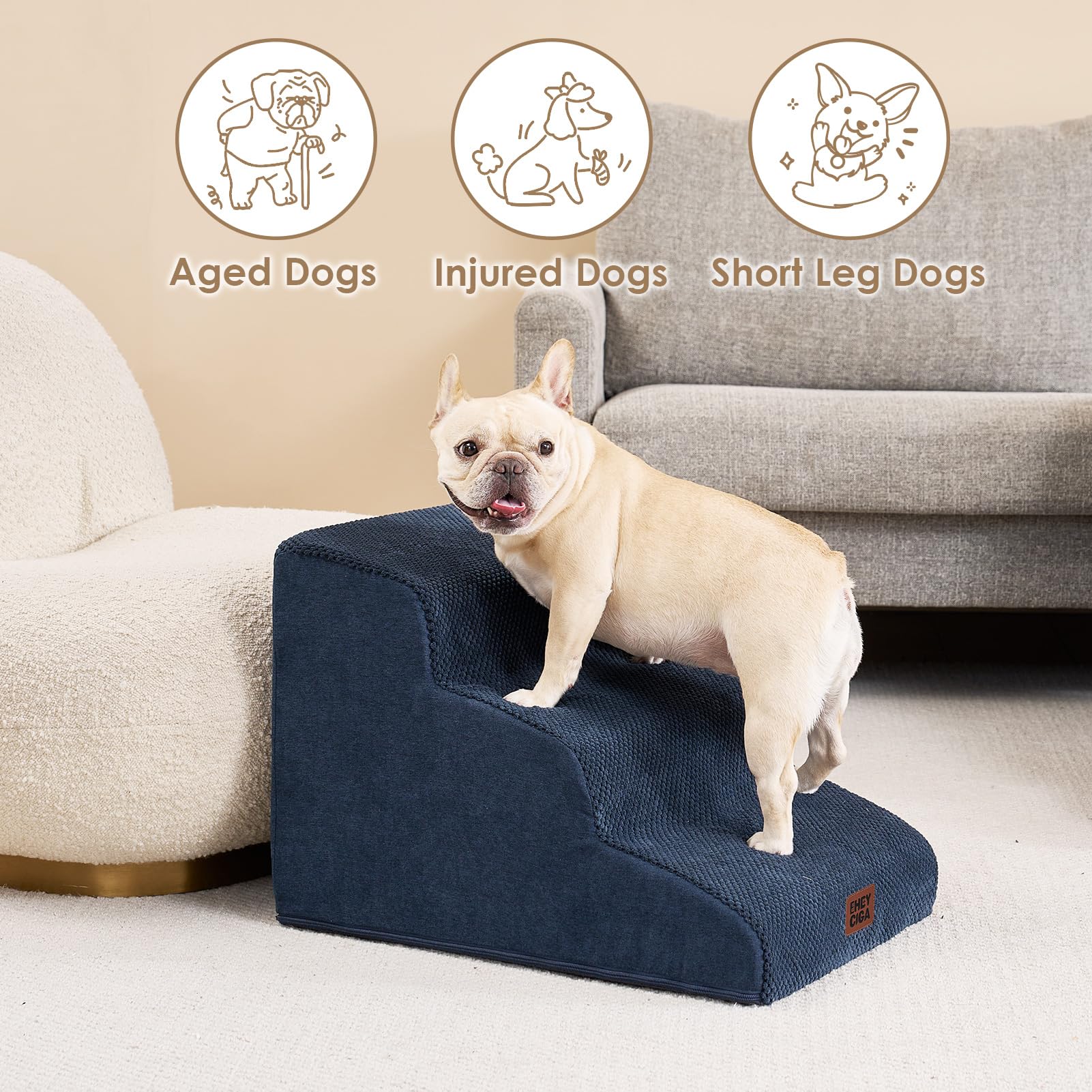 Eheyciga Curved Dog Stairs Ramp For Small Dogs 15.7' H, 3-Step Dog Steps For Couch Sofa And Chair, Pet Stairs For Cats, Non-Slip Balanced Pet Steps Indoor, Navy
