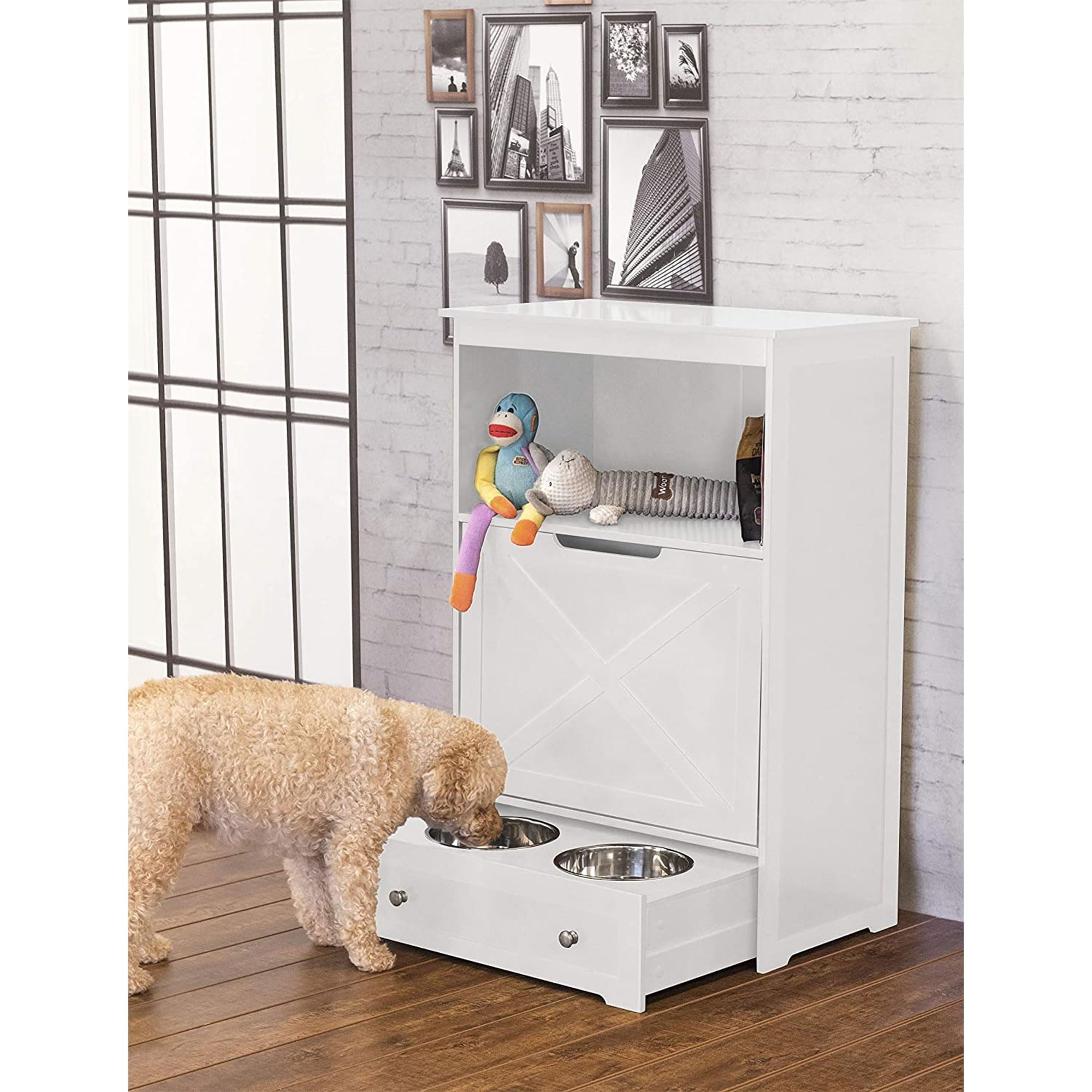 zoovilla Pet Feeder Station with Storage - Dog Bowl Stand, 13.78"D x 24.02"W x 35.04"H, White, Model PTF0071720110