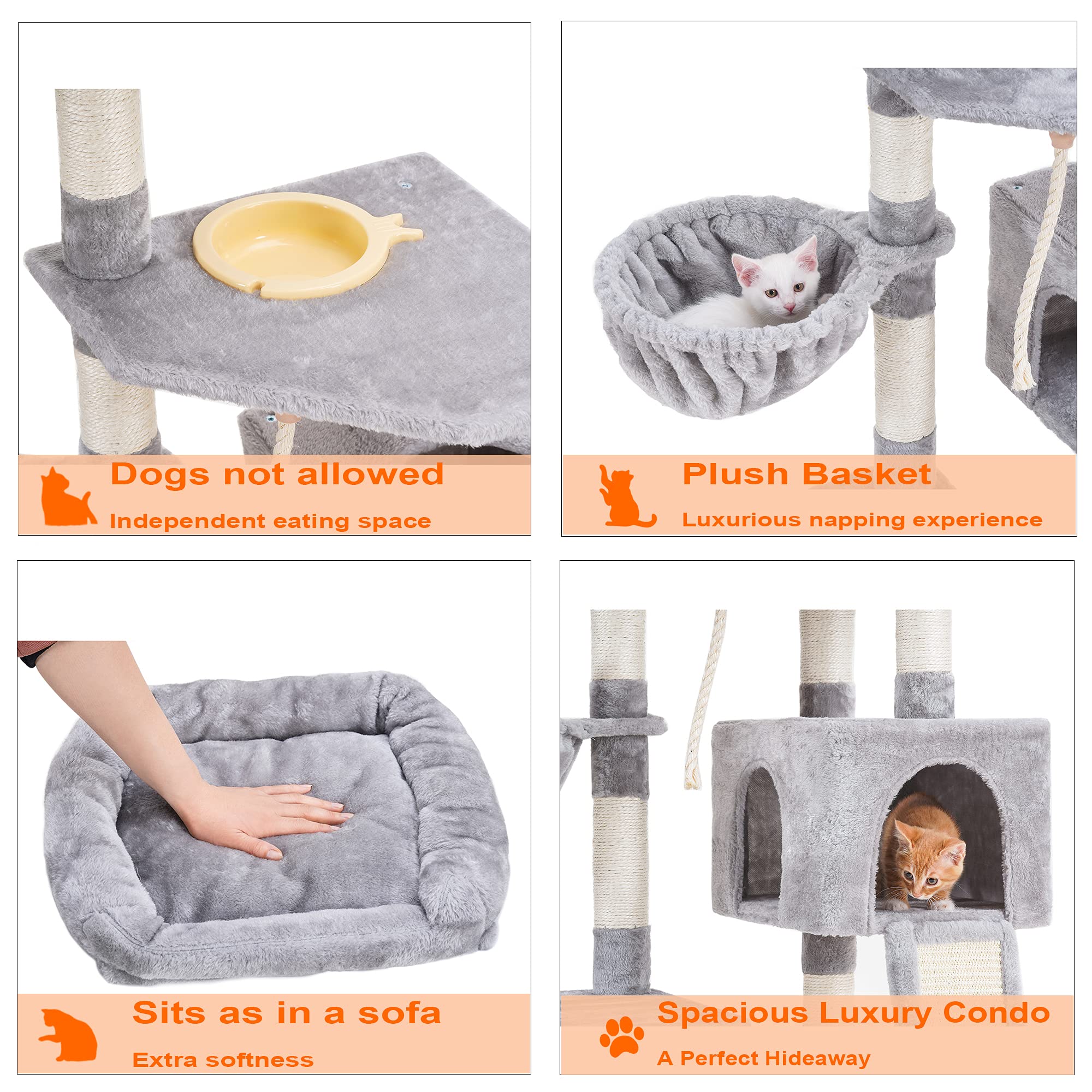 Heybly Cat Tree, Cat Tower For Indoor Cats With Scratching Board, Multi-Level Cat Furniture Condo With Feeding Bowllight Gray Hct010W