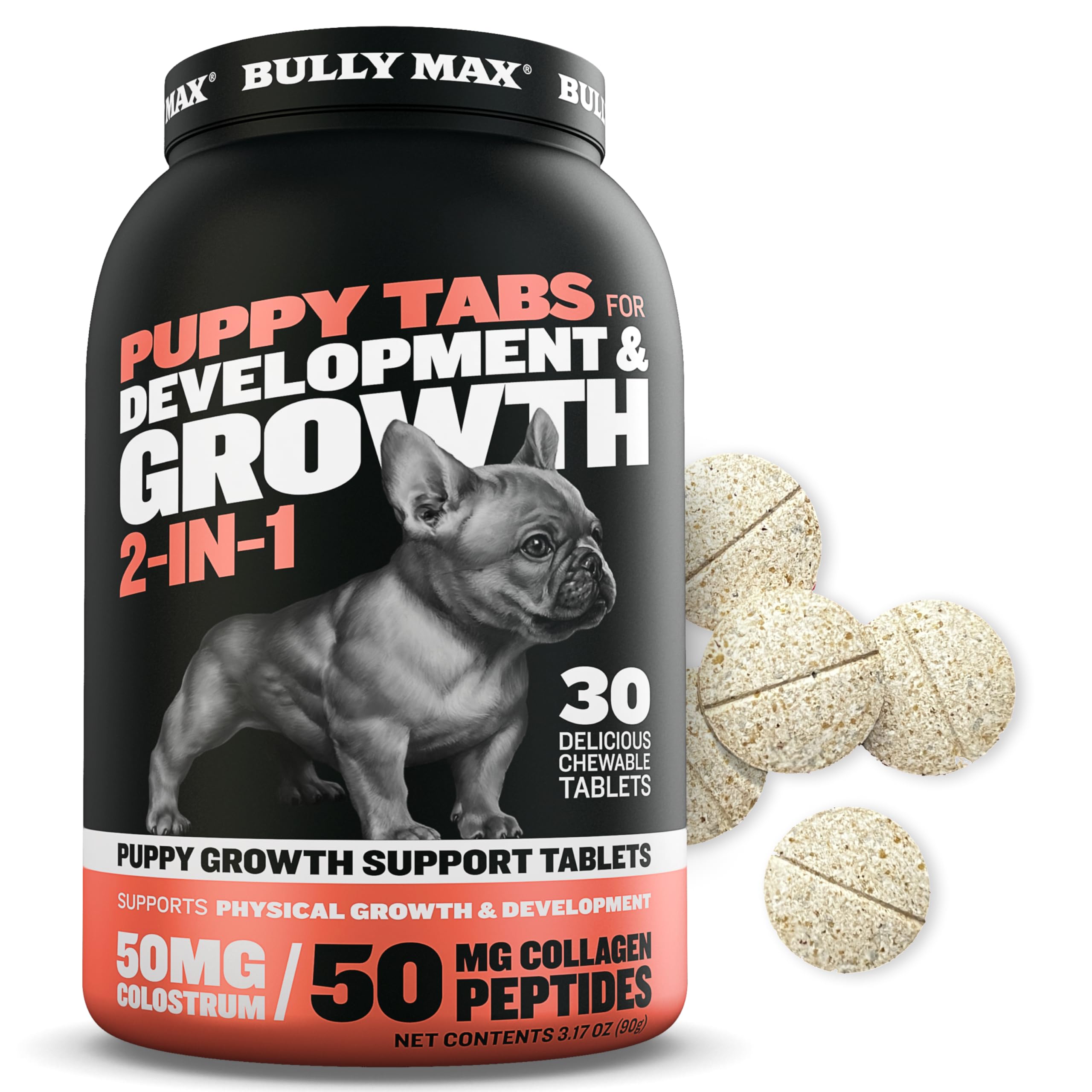 Bully Max 2-in-1 Puppy Vitamins - 30 Chewable Tablets for Development and Growth of Puppies - Dog Treats, Vitamin & Supplements 