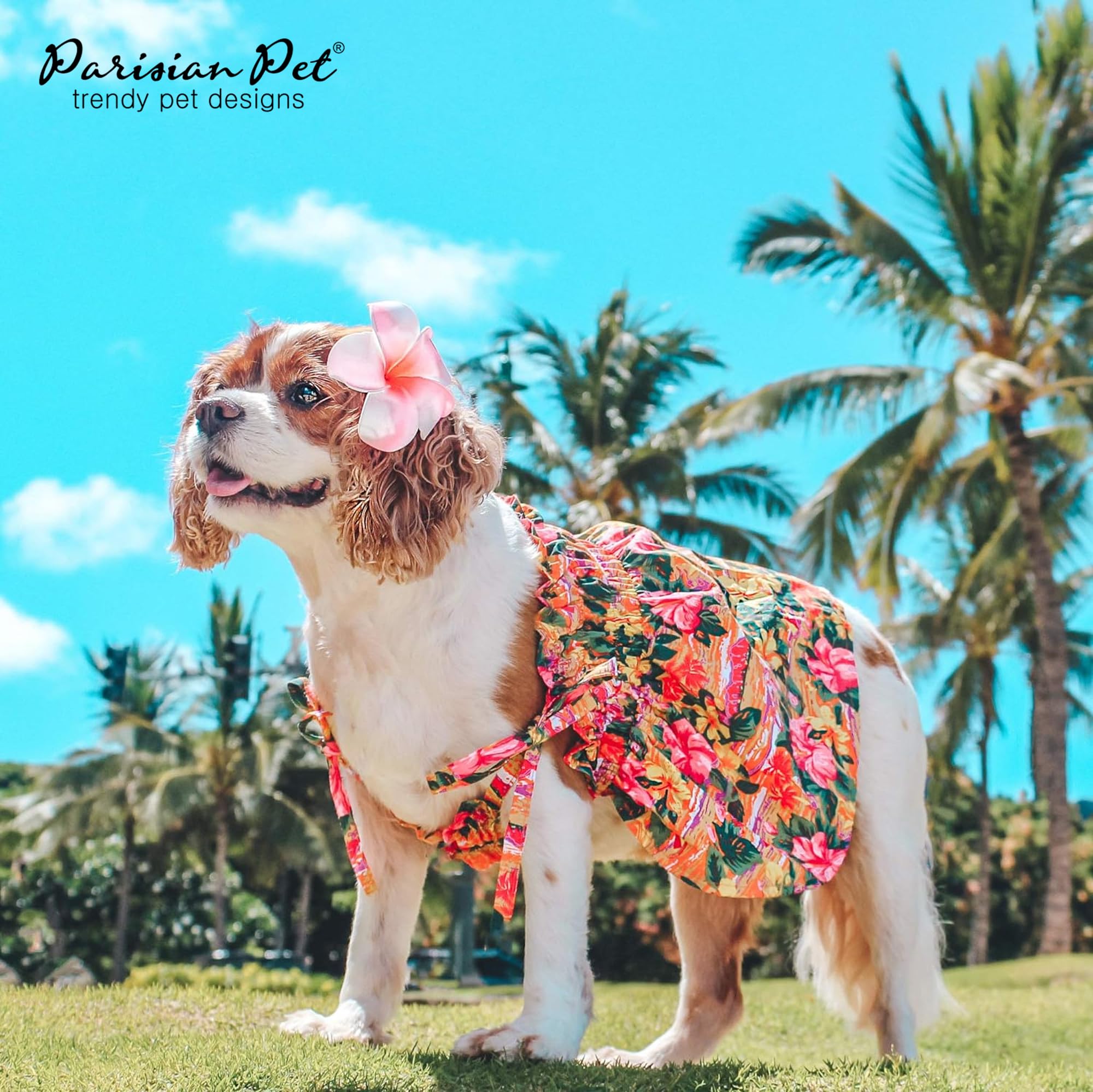 Parisian Pet Hawaiian Dog Dress - Floral Beach Outfit - Breathable Summer Clothes - Pull-Up Straps - Xs