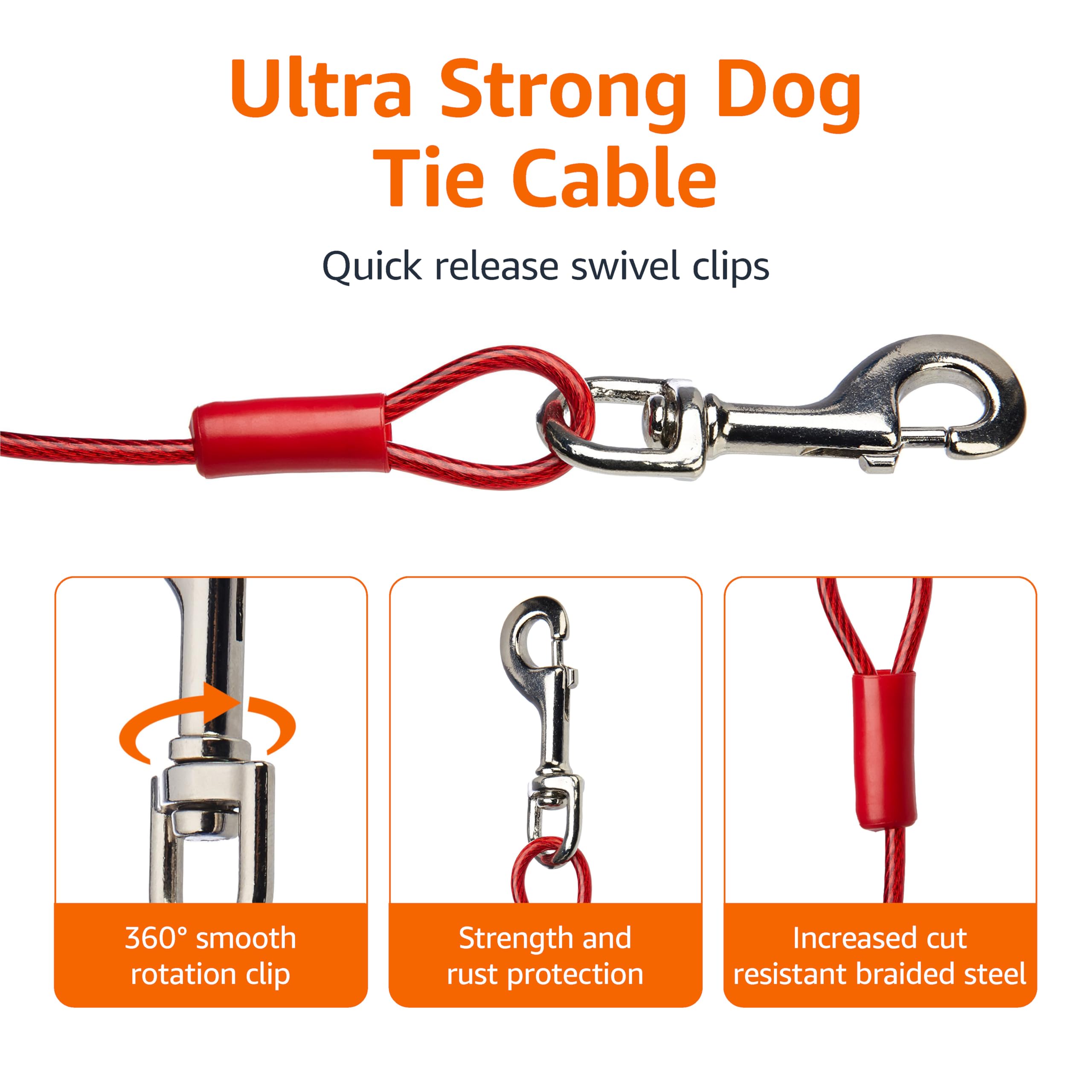 Amazon Basics Tie-Out Cable for Dogs, 30 Feet, Alloy Steel, Red, Model 30125-APL, Supports Dogs up to 56.7kg