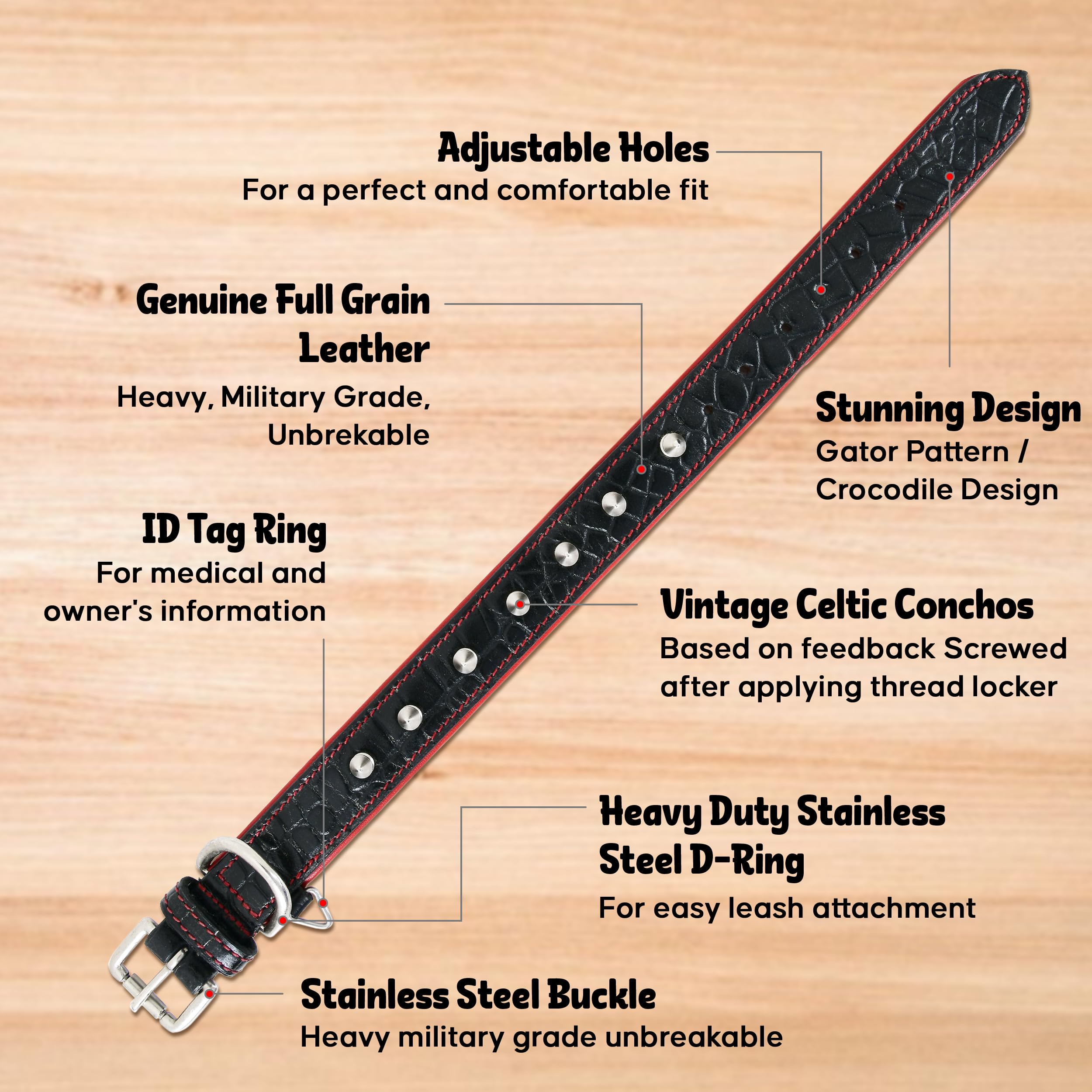 Dowgclub Spiked Leather Dog Collar - 1 Inch Wide Full Grain Bridle Leather, Crocodile Pattern, Heavy Duty Padded Design - For Sm
