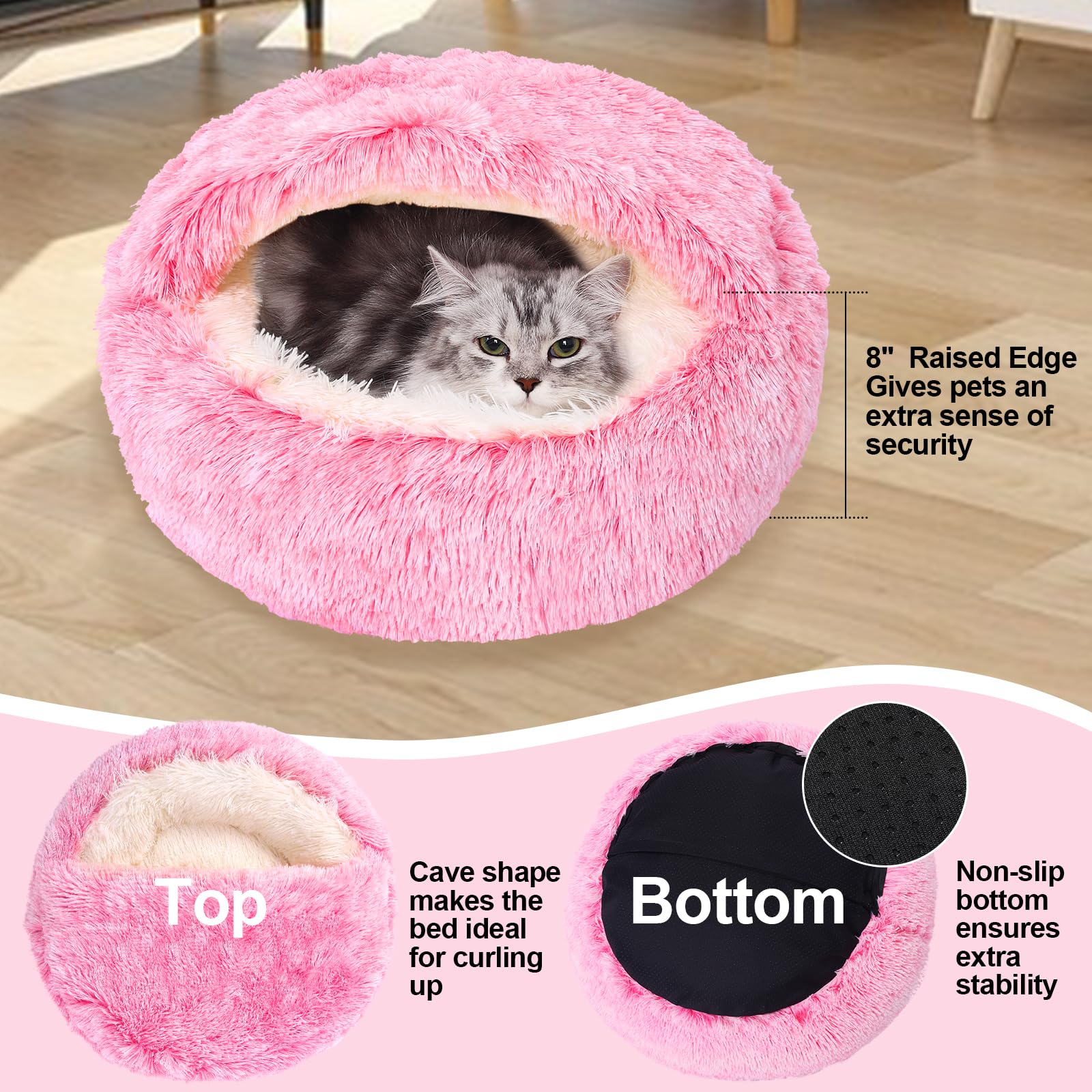 Calming Dog Beds With Hooded Cat Cave Cover - Removable, Washable Round Beds For Small To Medium Pets, Anti-Slip Faux Fur Fluffy