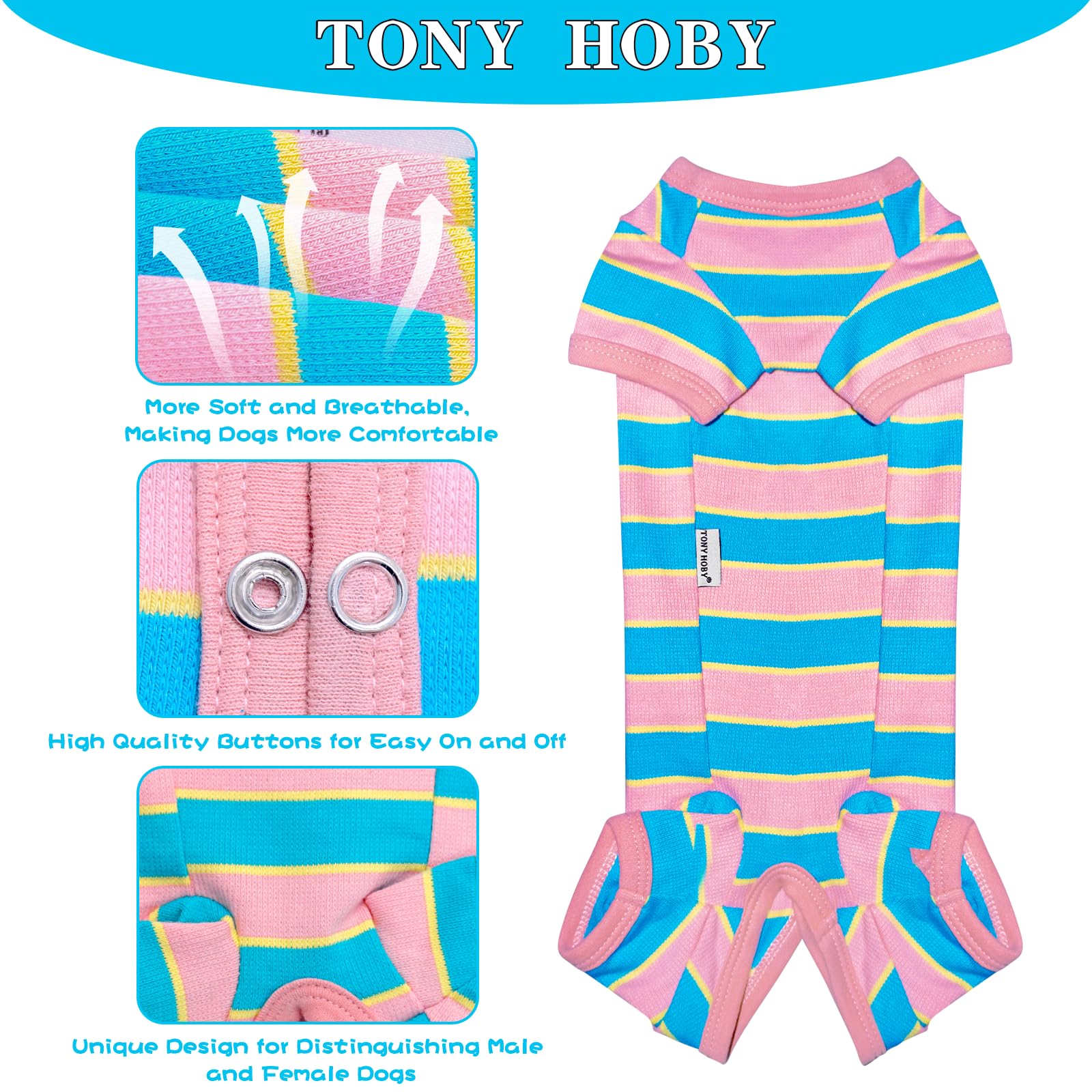 Tony Hoby Female Dog Pajamas With Colorful Stripe, Pet Clothes For Small Medium Dogs (Pink&Blue, Girl, L)
