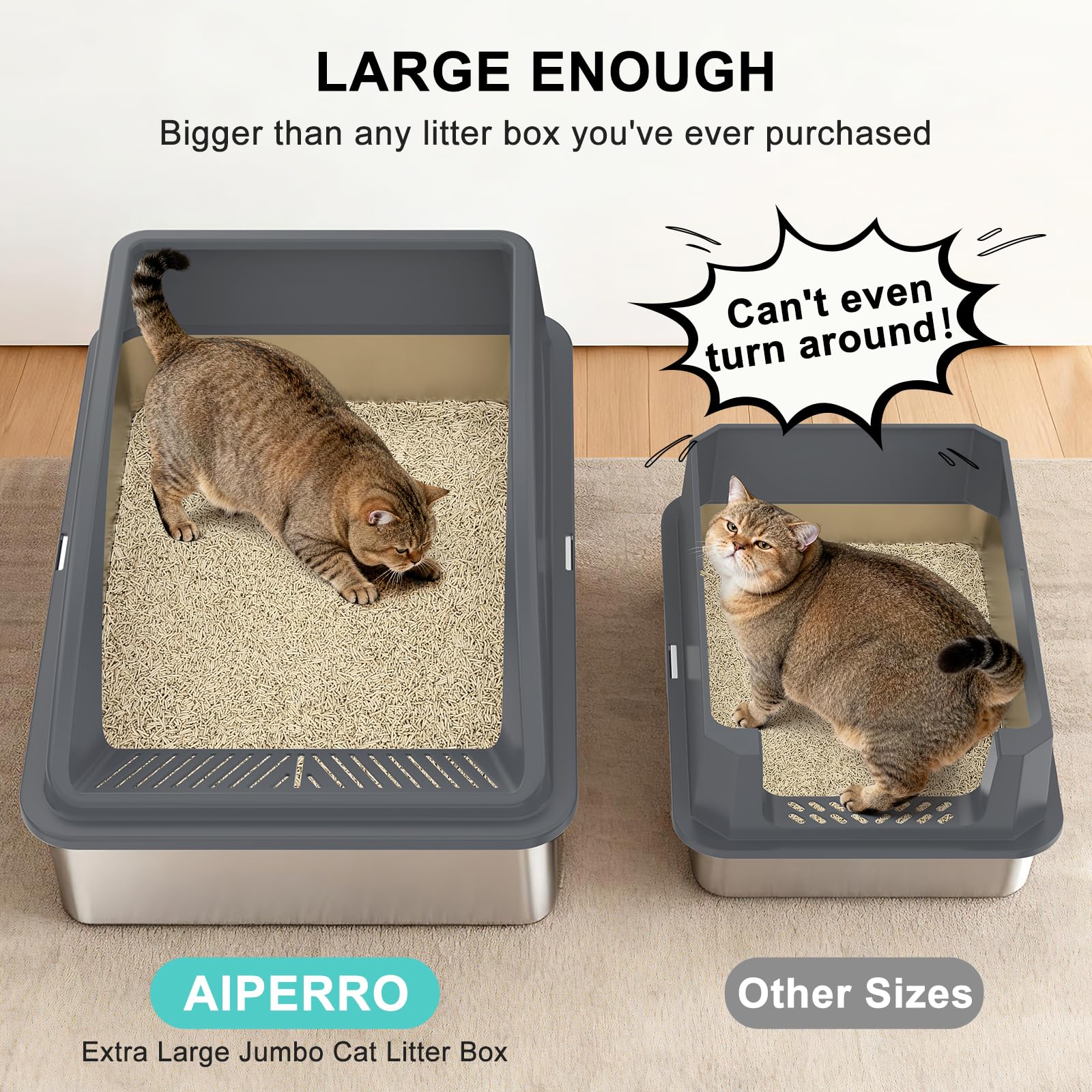 AIPERRO Stainless Steel Litter Box Extra Large for Big Cats and Multi-Cats | Jumbo Extra Large Metal Cat Box with High Sided Lid