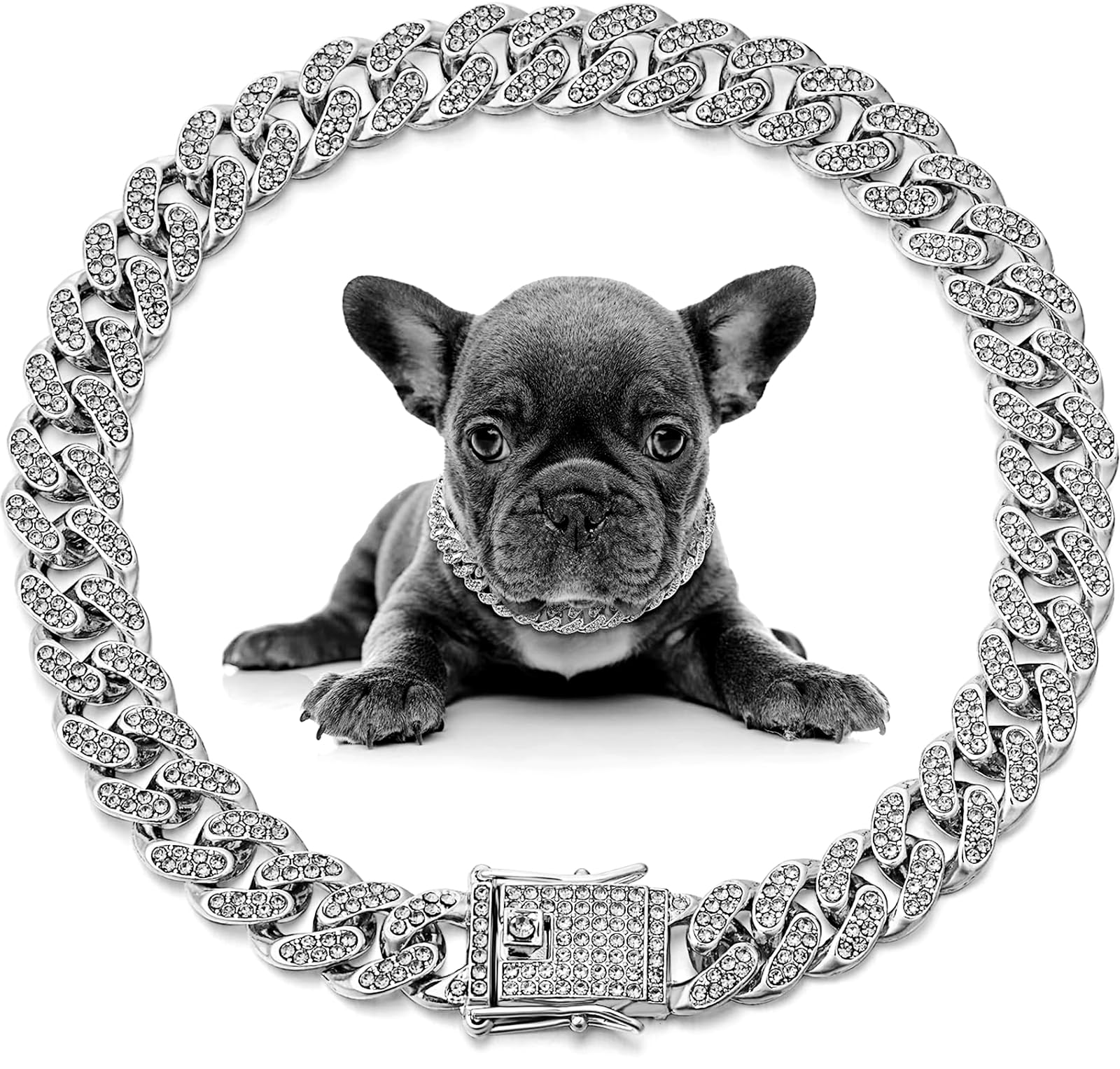 Chain Dog Collar, Bling Diamond Cuban Link Dog Collars Glitter Chain Rhinestone Puppy Necklace For For Small Medium Large Pet Do