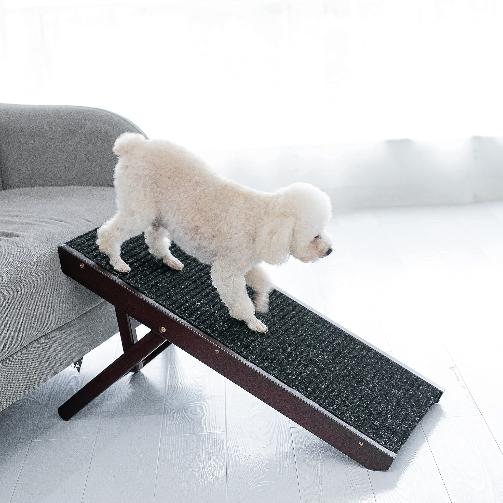MEWANG 19inch Tall Adjustable Pet Ramp  Wooden Folding Portable Dog & Cat Ramp Perfect for Bed and Car  Non Slip Carpet Surface 4