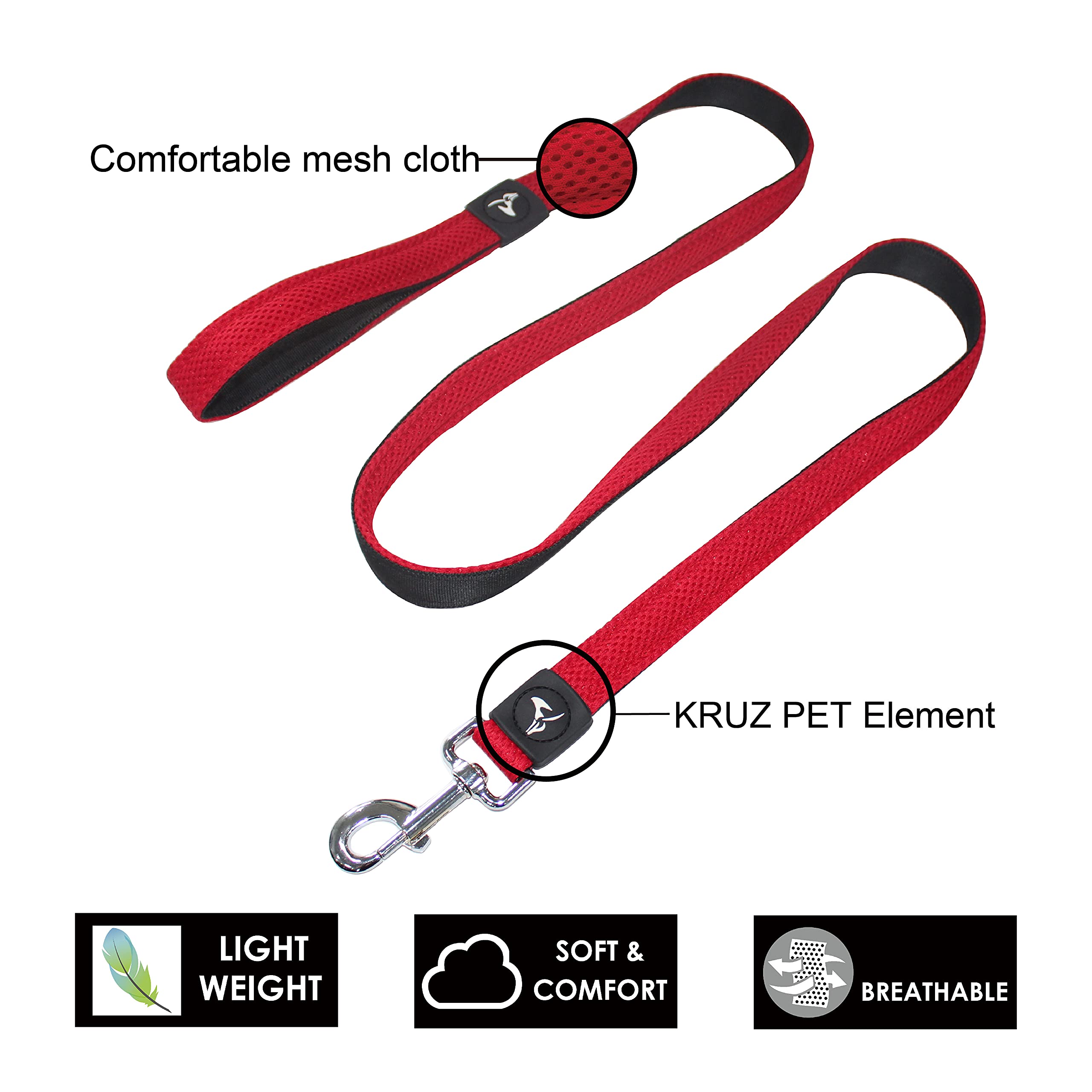 Kruz Premier 5Ft Dog Mesh Leash - Kza1160-14S - Lightweight, Breathable, Comfort Puffy Leash - Secure Dual-Layered Tangle-Free M