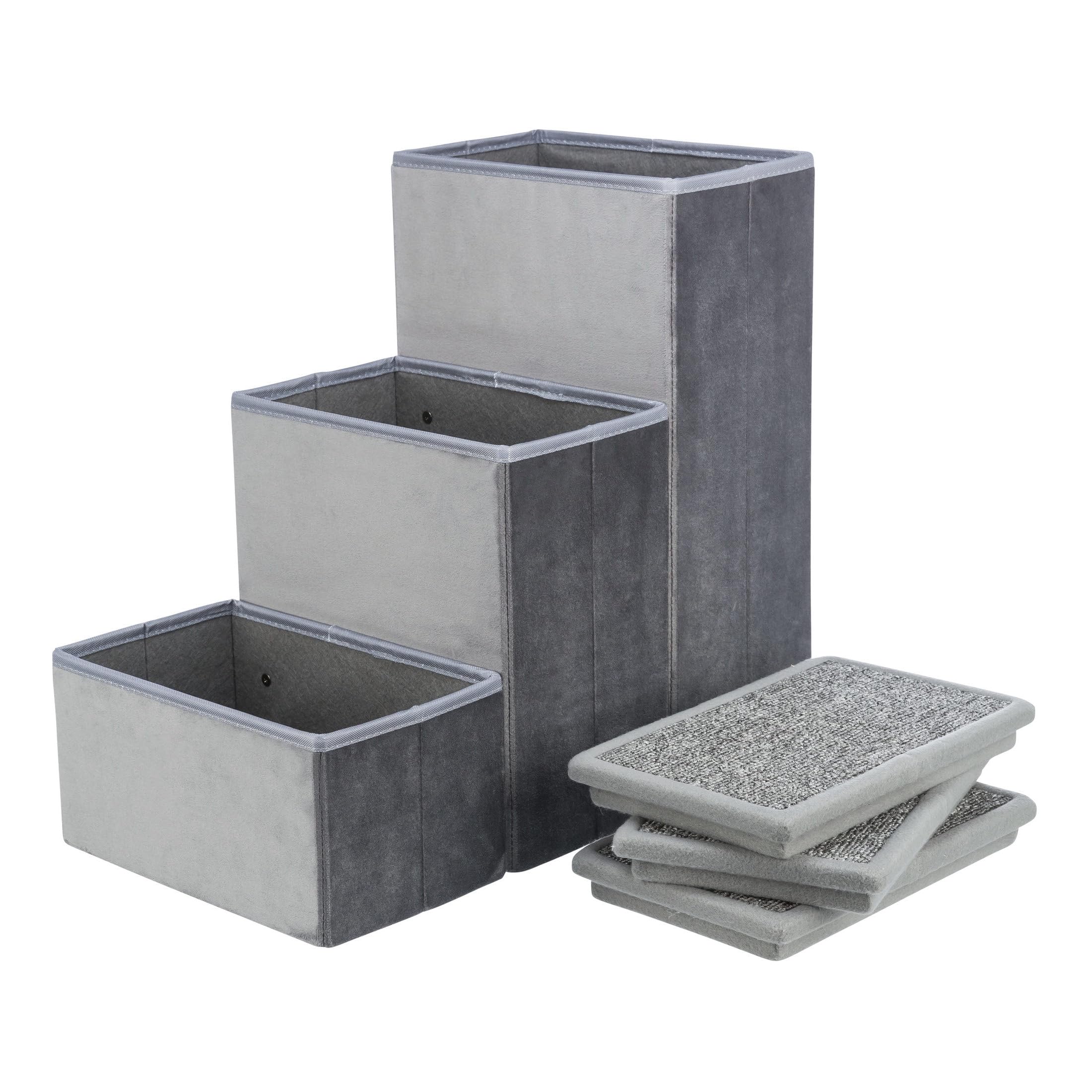 TRIXIE Velour 3-Step Pet Stairs with Storage, Collapsible, Storage Compartments for Pet Toys,Gray