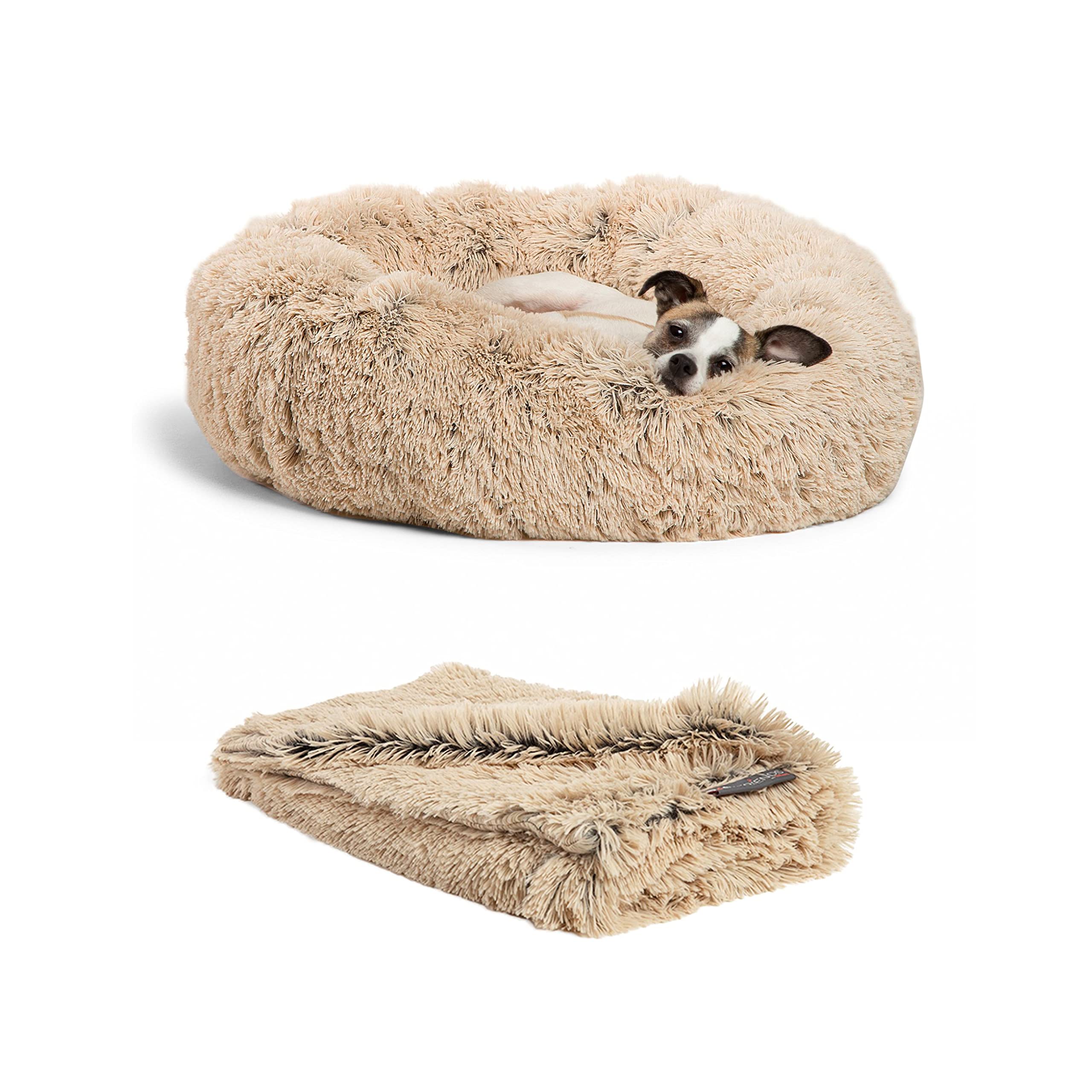 Best Friends By Sheri Bundle Set The Original Calming Shag Donut Cuddler Cat And Dog Bed + Pet Throw Blanket Taupe Small 23''