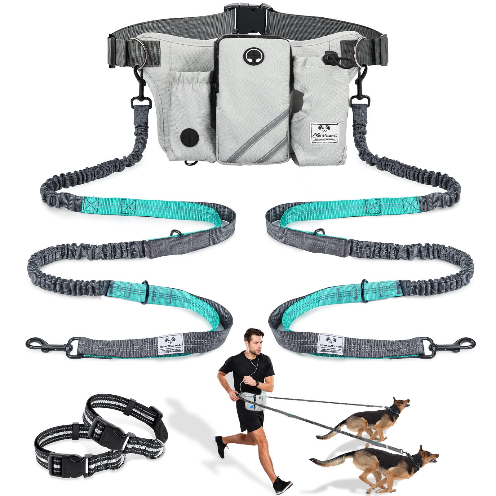 Shine Hai Retractable Hands Free Dog Leash With Dual Bungees For 2 Dogs, Adjustable Waist Belt, Reflective Stitching Leash For Running Walking Hiking Jogging Biking Black - Gray