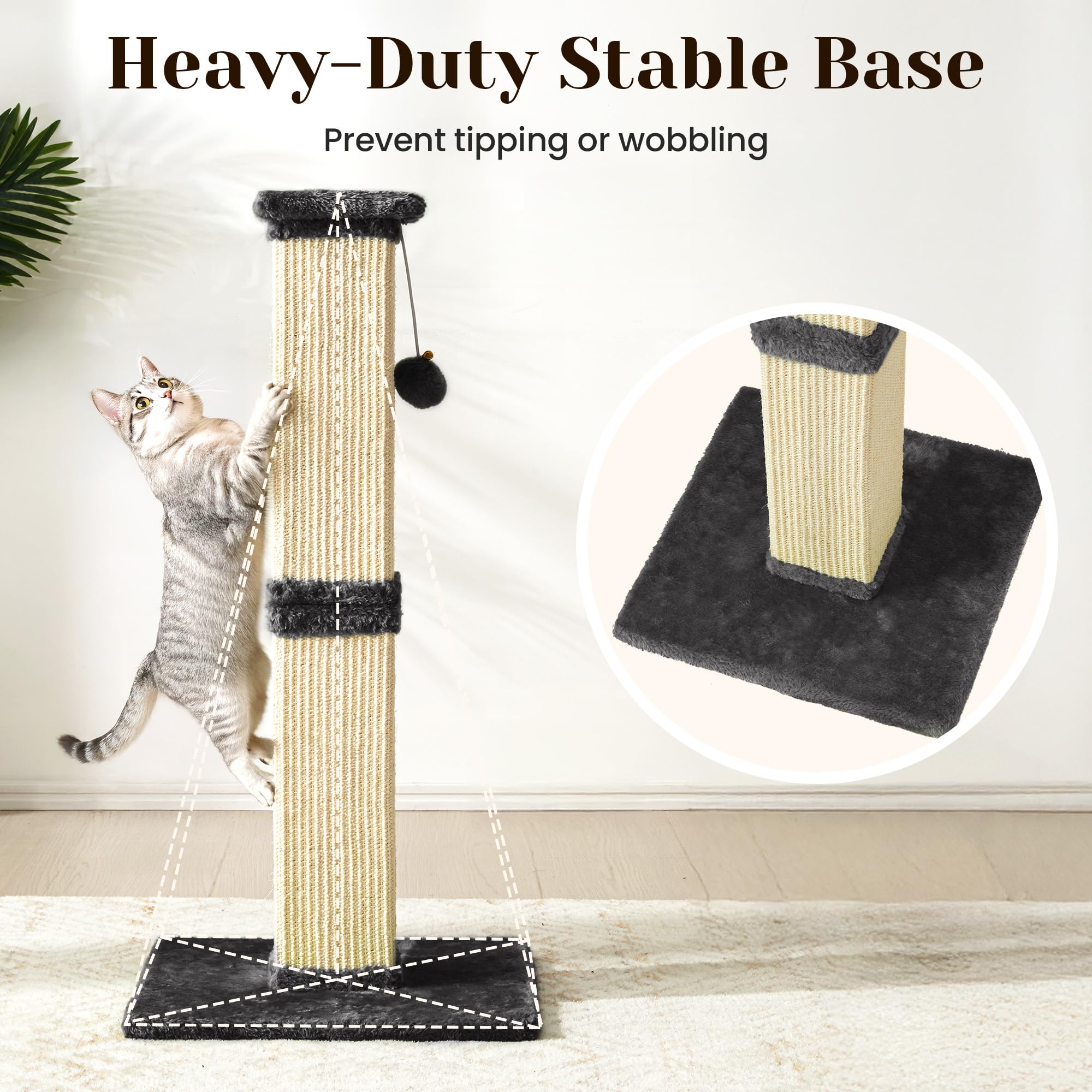 Fansafurn Cat Scratching Post with Hanging Toy Ball, 32-Inch Tall Sisal Cat Scratcher for Indoor Cats, Grey