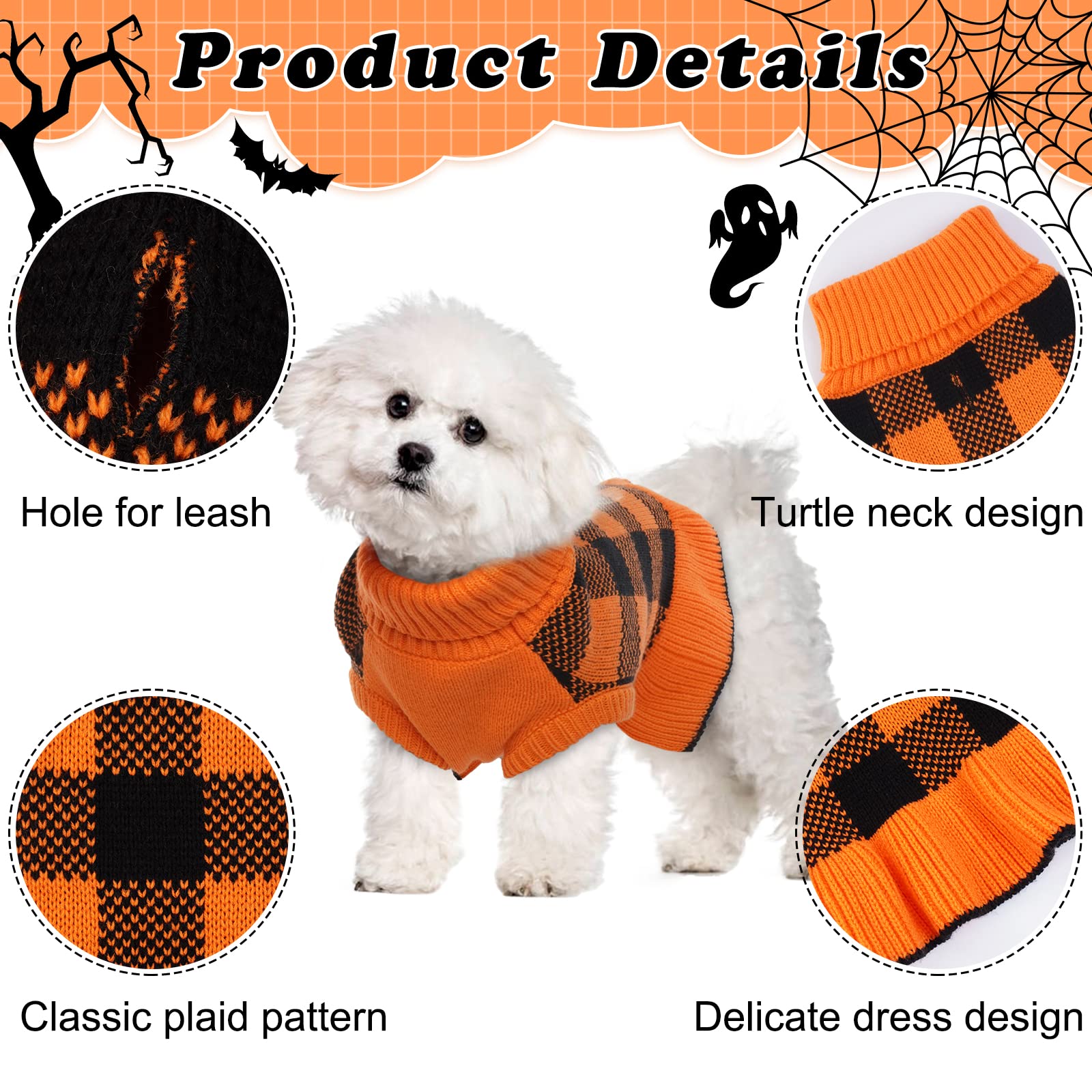 Lelepet Dog Sweater Dress - Turtleneck Pullover Knitwear, Warm Plaid Halloween Sweater For Small To Large Dogs, Yorkies, Orange,