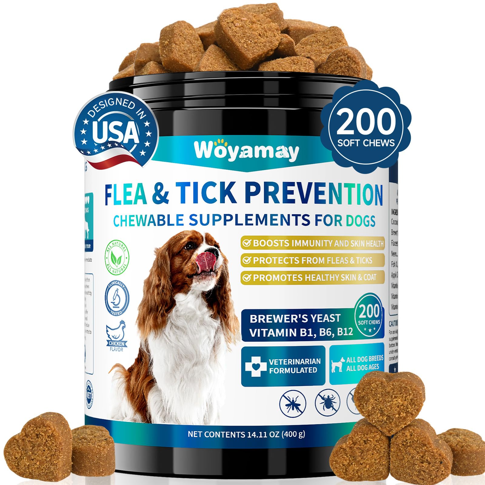 Woyamay Flea and Tick Prevention for Dogs Chewables, 200 Soft Treats, Natural Dog Flea and Tick Treatment, Oral Flea Chews for D