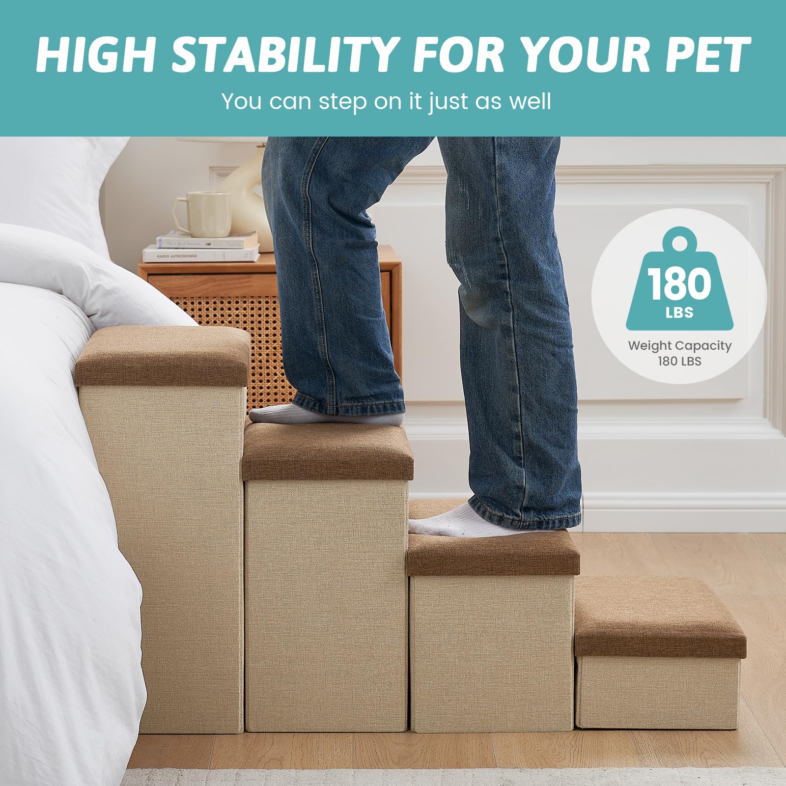 Dog Stairs with Storage, 4-Step Wider Sturdy Dog Steps for Small/Medium/Large Dogs and Older Cats, Folding Doggie Ramp for Bed/C