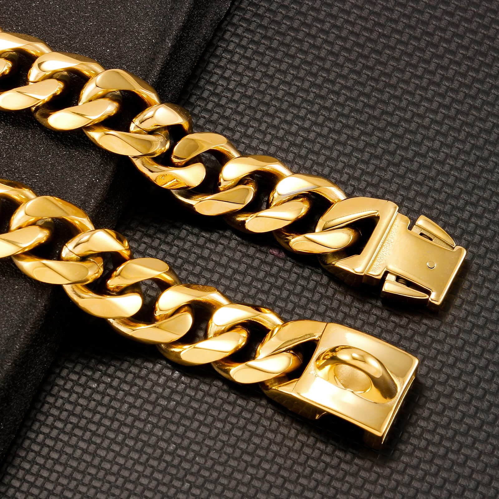Captainsteel Stainless Steel Cuban Dog Collar, 19Mm Wide Medium/Large Dog Neck Chain - Length 15/16/18/20/22/24/26 Inch, Gold Plated/Stainless Steel Heavy Duty Dog Collar