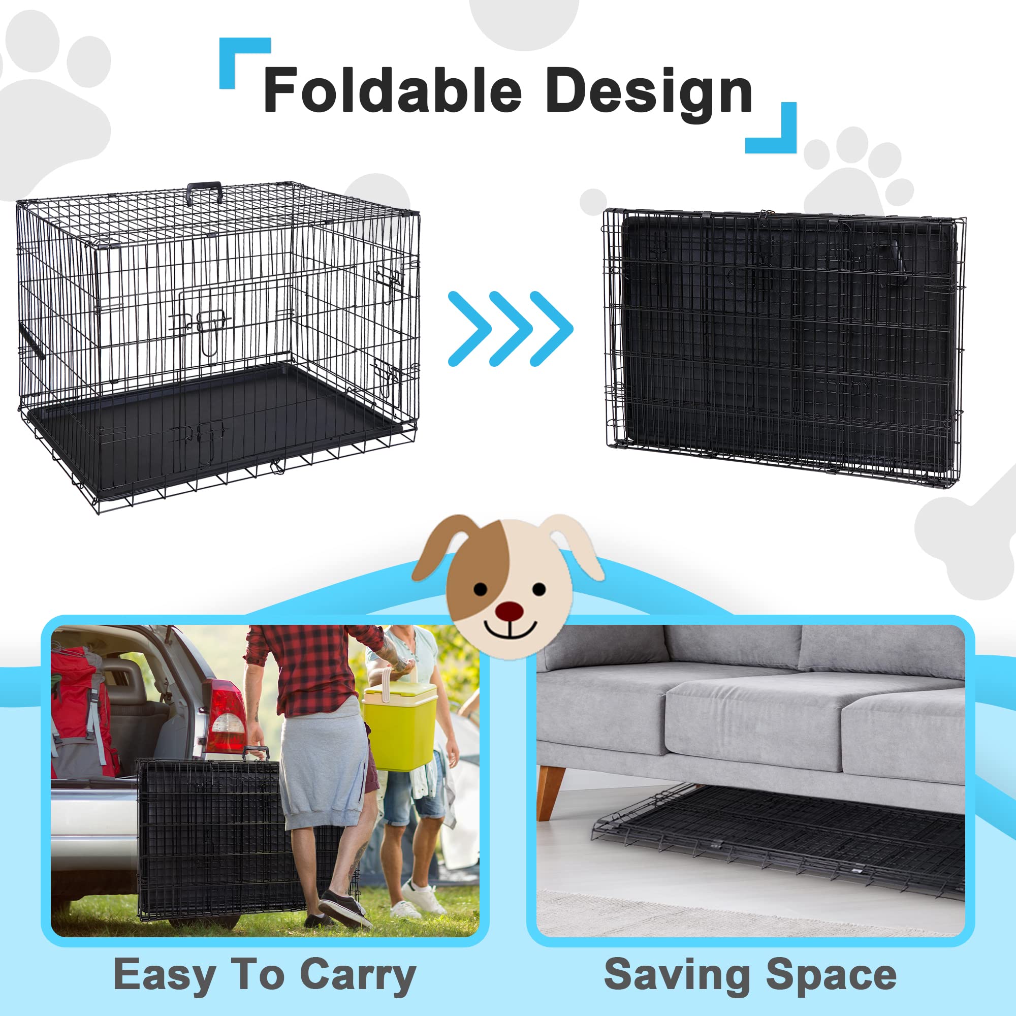 Zeny 30/36/42 Inch Dog Crate Double Door Folding Metal Dog Or Pet Crate Kennel With Tray And Handle
