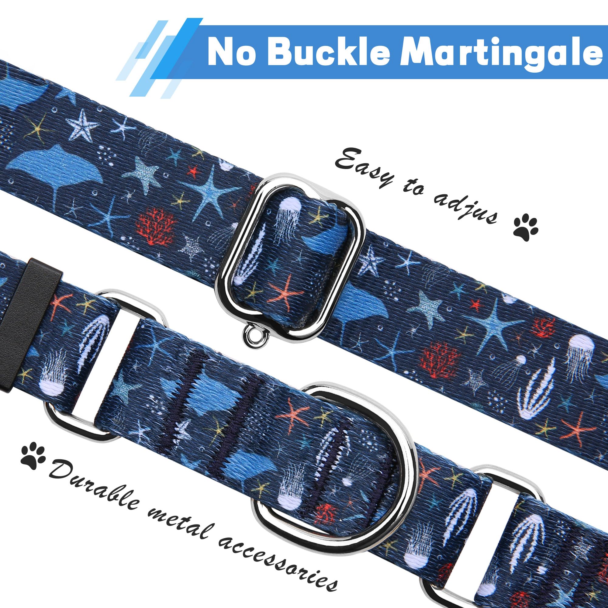Hikiko Martingale Collar For Dogs With No Buckle Starfish Blue Dog Collars For Medium Dogs,Submarine,M