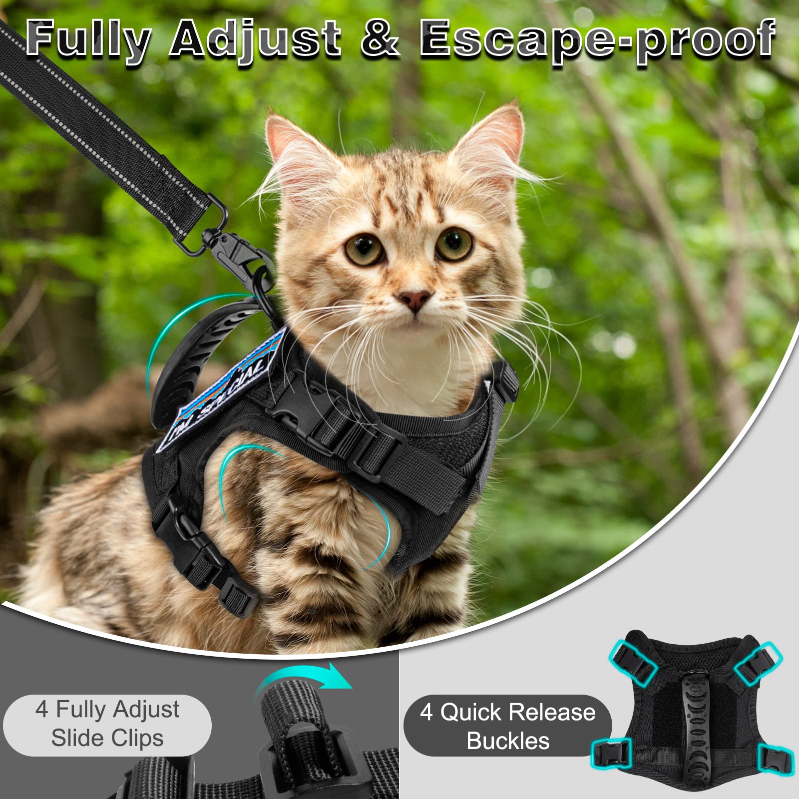 Nanappice Tactical Cat Harness And Leash For Walking Esacpe Proof,Adjustable Soft Mesh Large Cat Vest With Rubber Handle Easy To Control,Molle Patches