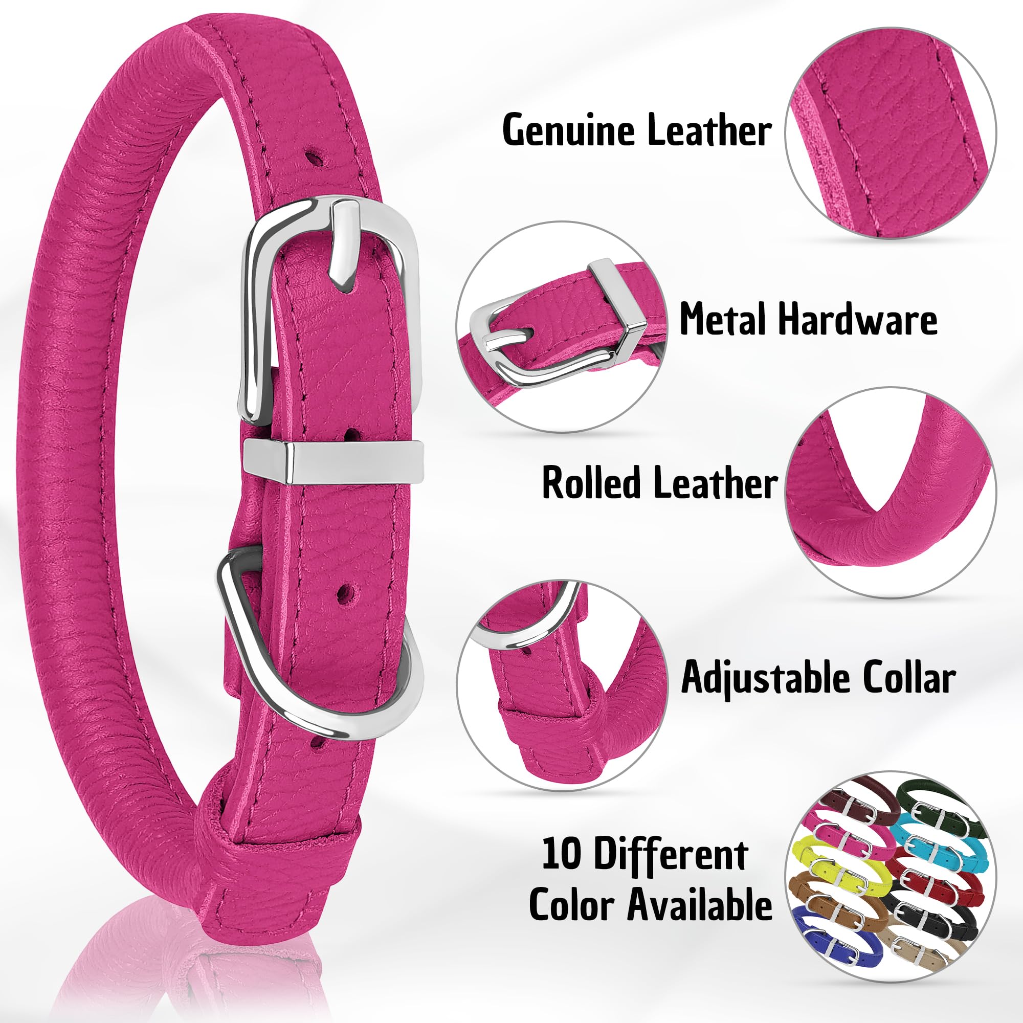 Oopsdoggy Rolled Leather Dog Collar Soft Roll Collars For Small Medium Large Dogs Puppy (Pink, S, 10''-13'')