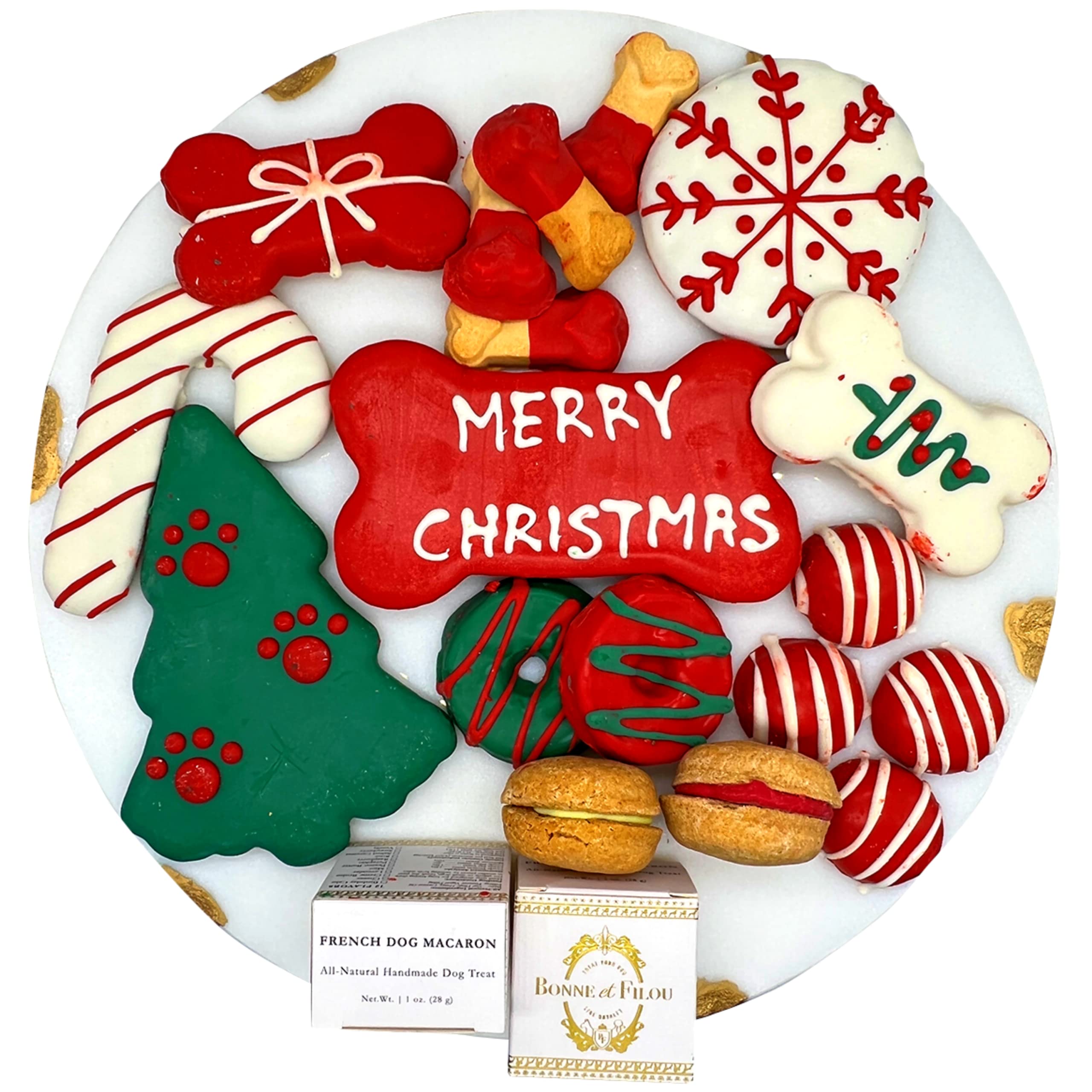 Bonne et Filou Christmas Dog Treats, Luxury Gourmet Gift Box, 18 Hand Designed Macarons, Truffles & Bone Cookies, Perfect Holida