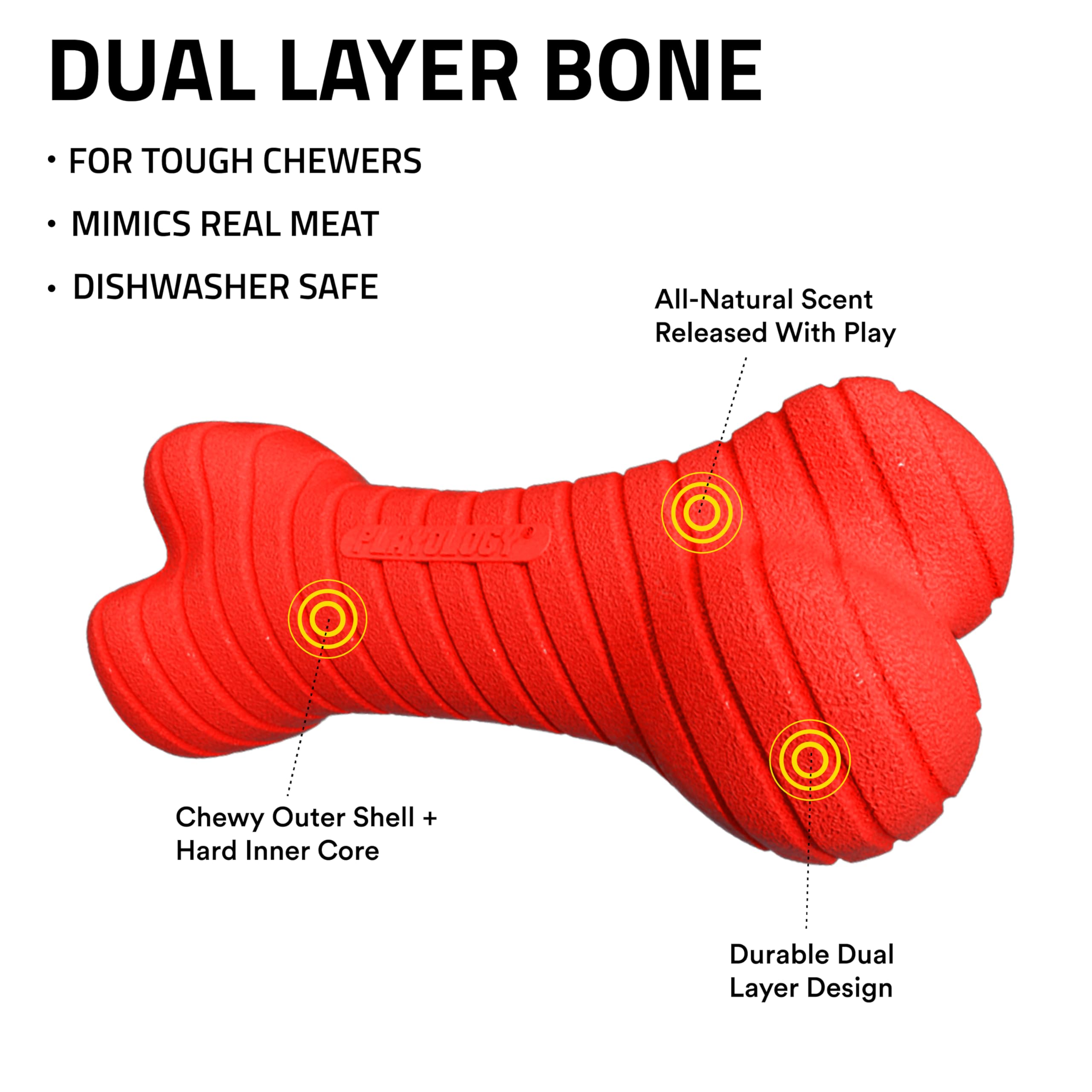 Playology Dual Layer Bone | Engaging All Natural Beef Scented Dog Toy, Jumbo Size | Red Bone For Large To X-Large Dogs 50Lbs & U