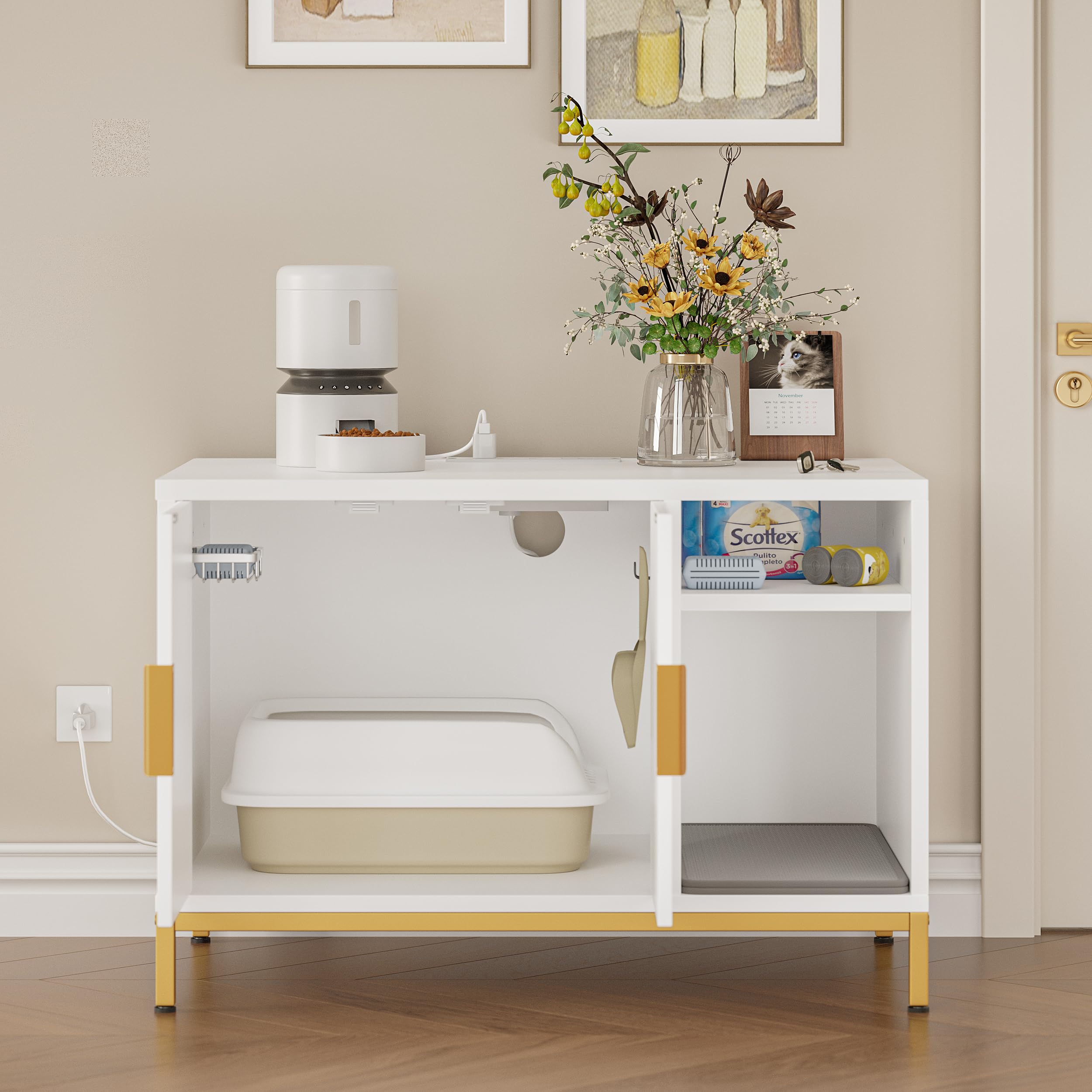 Bestier Cat Litter Box Enclosure - Glossy White & Gold, Engineered Wood, 31.5" x 19.7" x 21.8", with Power Outlets &