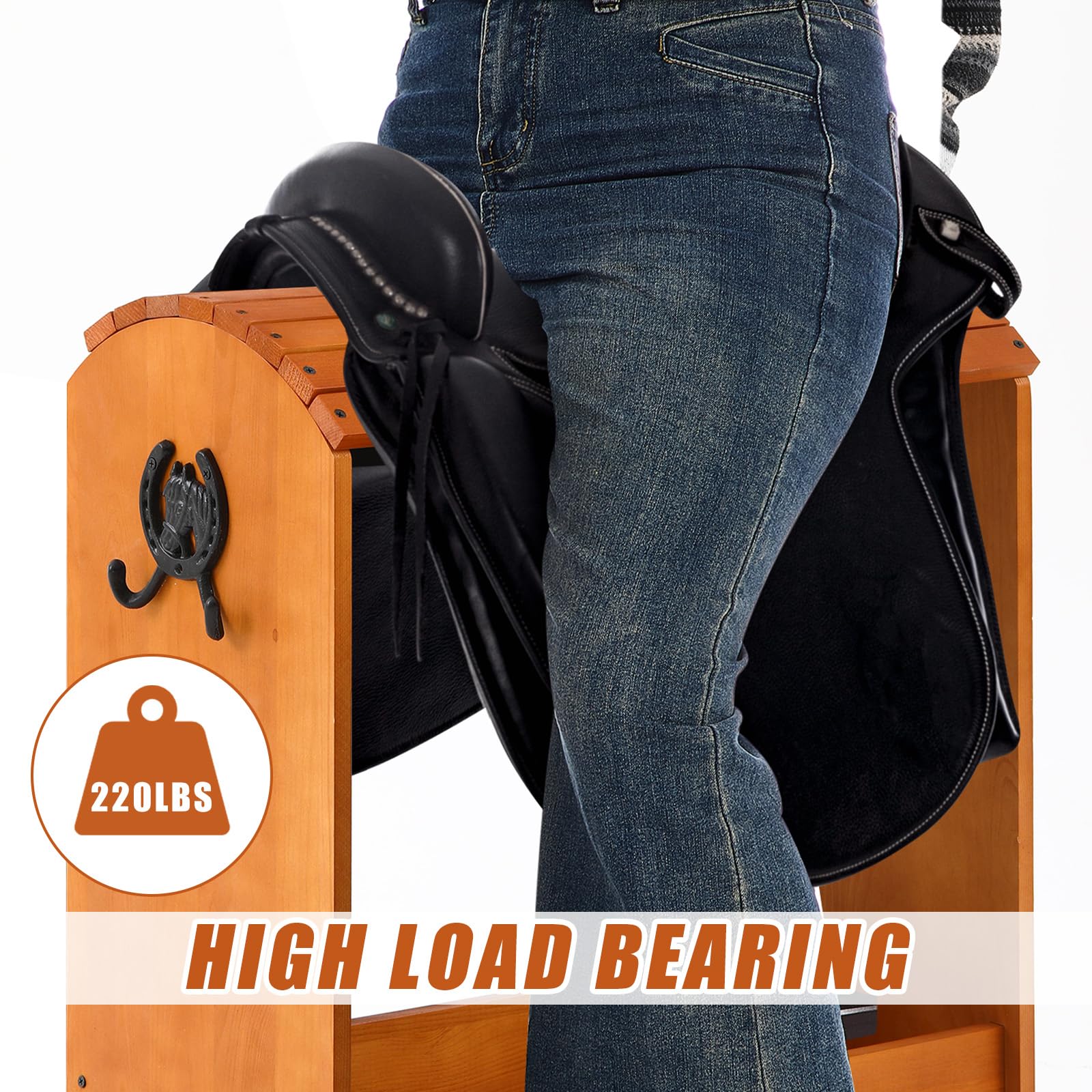 Threehoney Pine Wood Saddle Rack for Western Saddles, Heavy Duty with 2 Hooks, Model MII-Threehoney-1088, Black