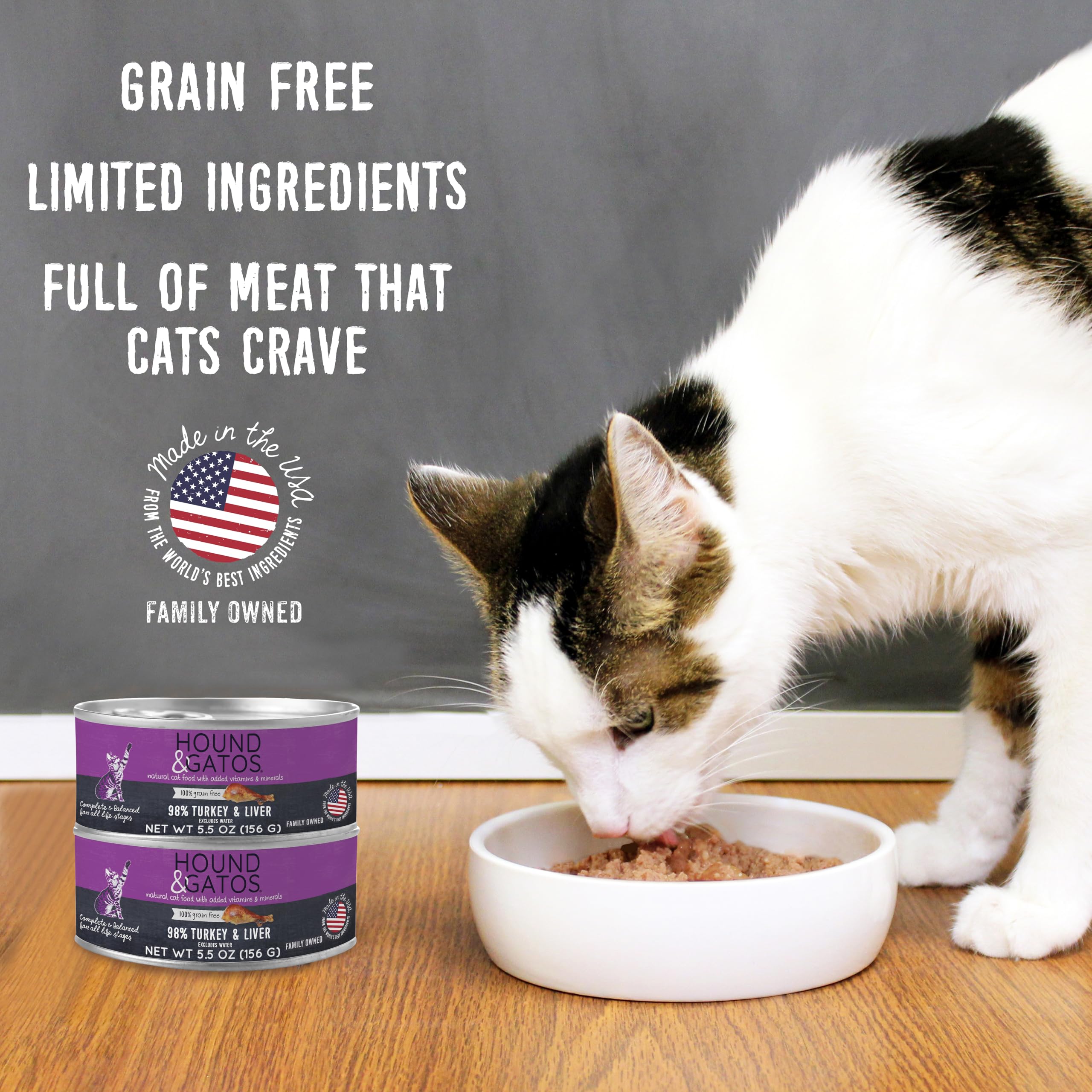 Hound & Gatos Wet Cat Food, 98% Turkey & Liver, Grain Free Pate Cat Food, Real Meat, High Protein, Limited Ingredients, No Addit