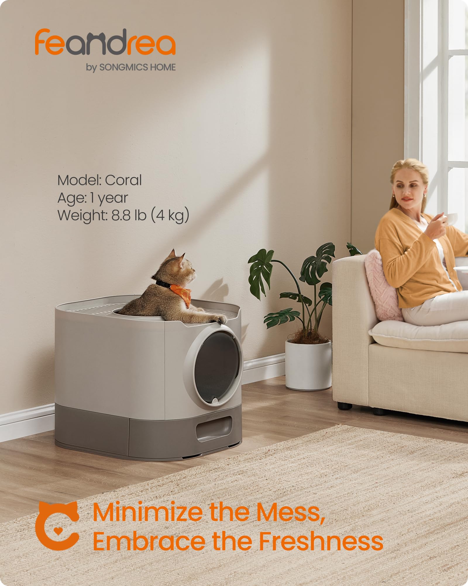 Feandrea Cat Litter Box With Lid, Xl Enclosed Litter Box With Slide-Out Tray, Scoop, Brush, Anti-Tracking, For Cats Of Different