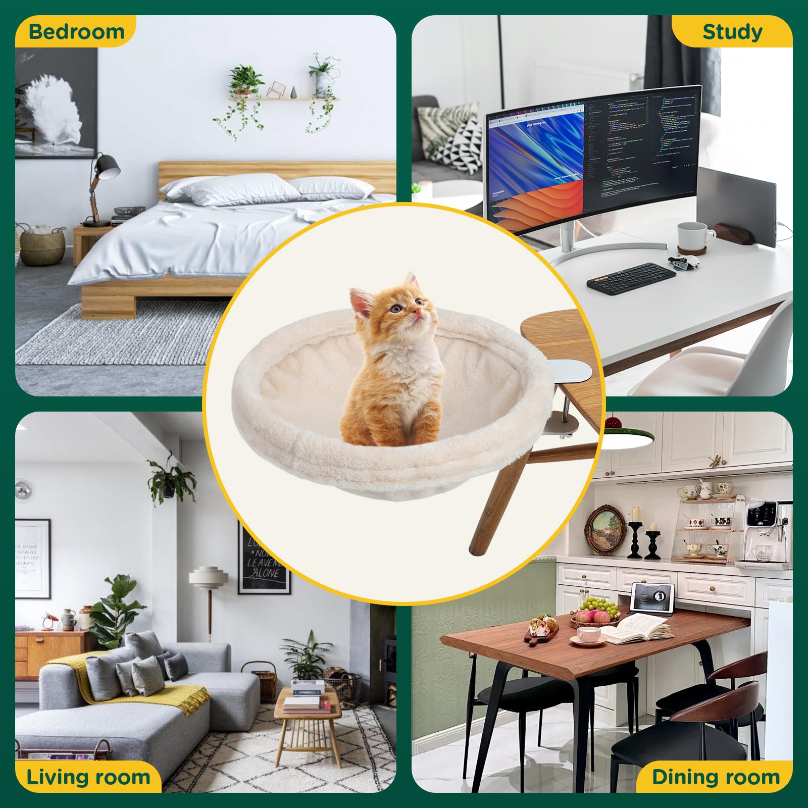 Large Cat Desk Bed-Supports Up to 50lbs, Soft Faux Fur Fabric, Adjustable Steel Frame,Sunken Hammock,Removable Soft Fluffy Cover