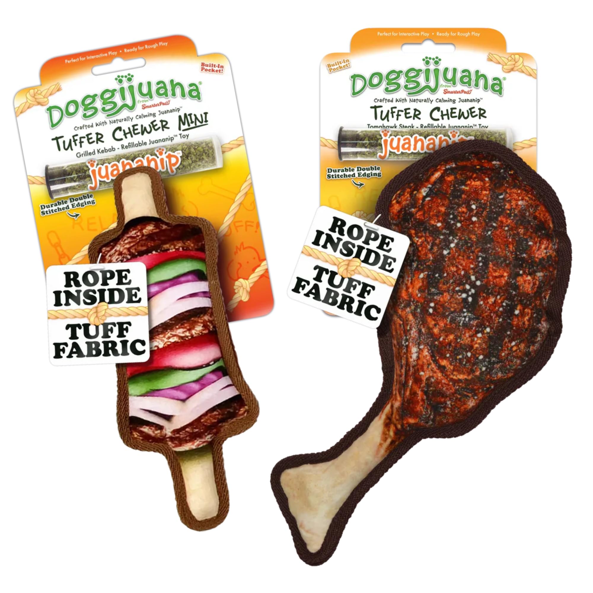 Doggijuana Cafe Combo Refillable Juananip Toy Bundle | Tomahawk Steak & Grilled Kebab | Funny Dog Toy Plush with Catnip and Refi