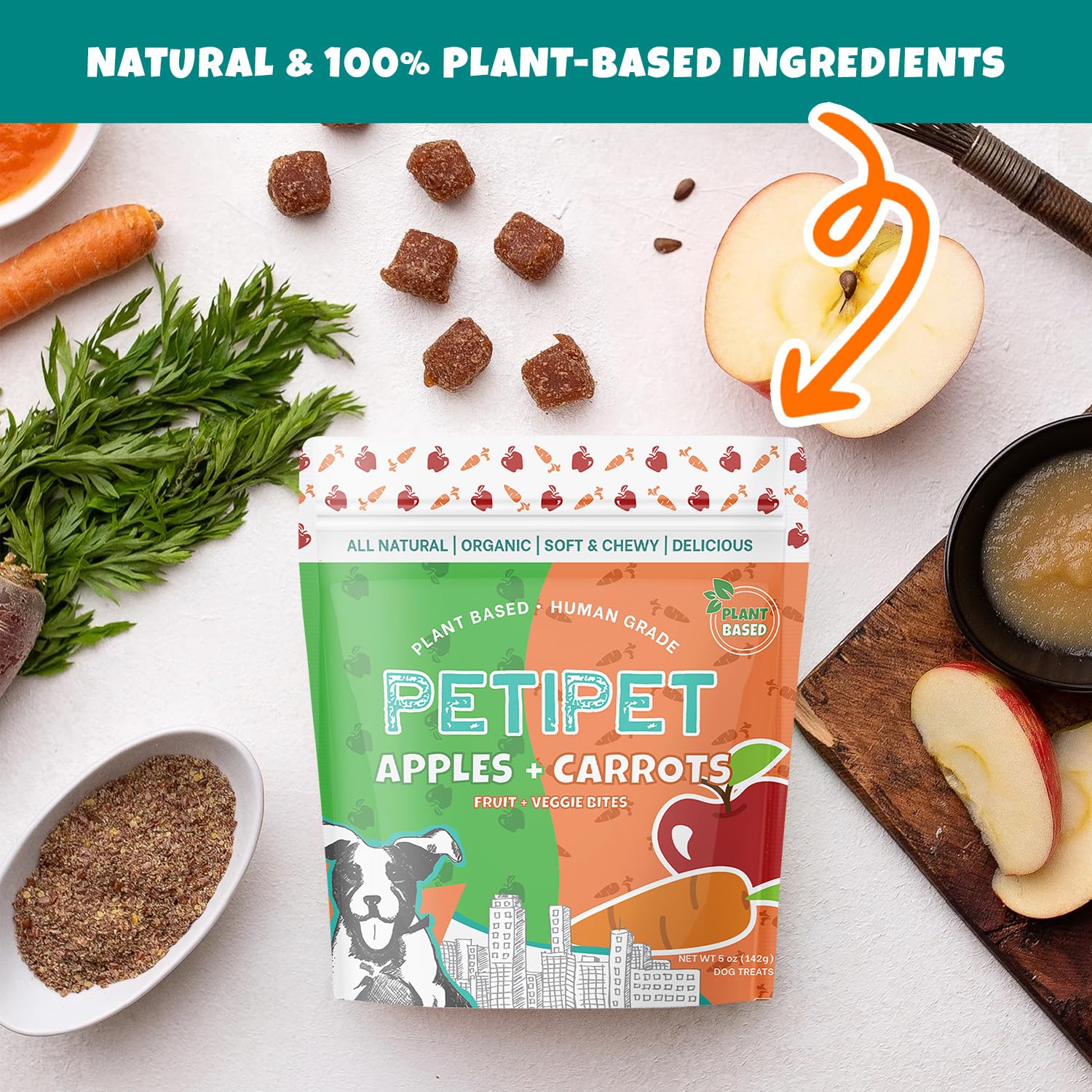 PETIPET Apples+Carrots Plant-Based Fruit Dog Treats - Carrot and Apple Soft & Chewy - Healthy Vegetarian, Vegan Dog Treats with