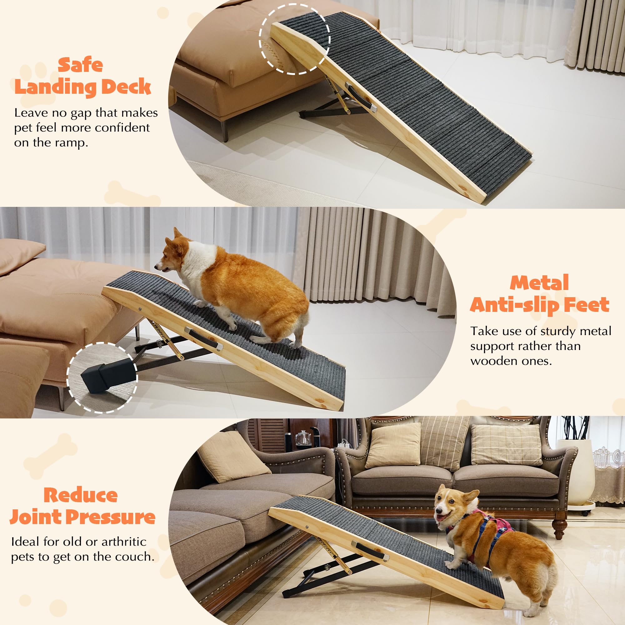 PETKARAY Dog Ramp for Bed, Folding Wooden, Adjustable 9"-24" Height, 47" Long, Beige, Model DR-01