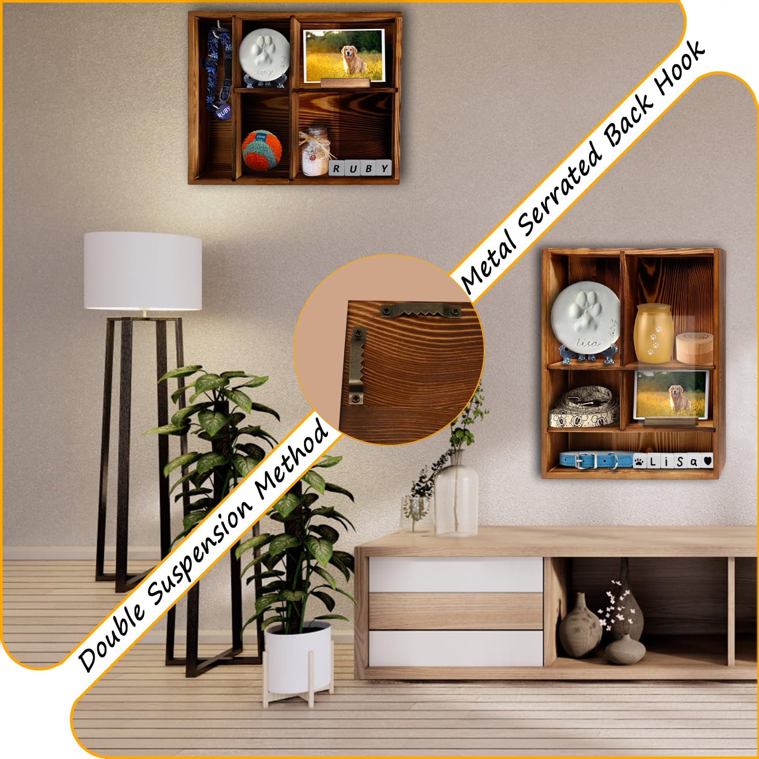 Sofunii Pet Memorial Shadow Box With Shelves For Dogs Or Cats,11 * 14'' Solid Wood Pet Frame Urn Ashes Display Case For As Loss