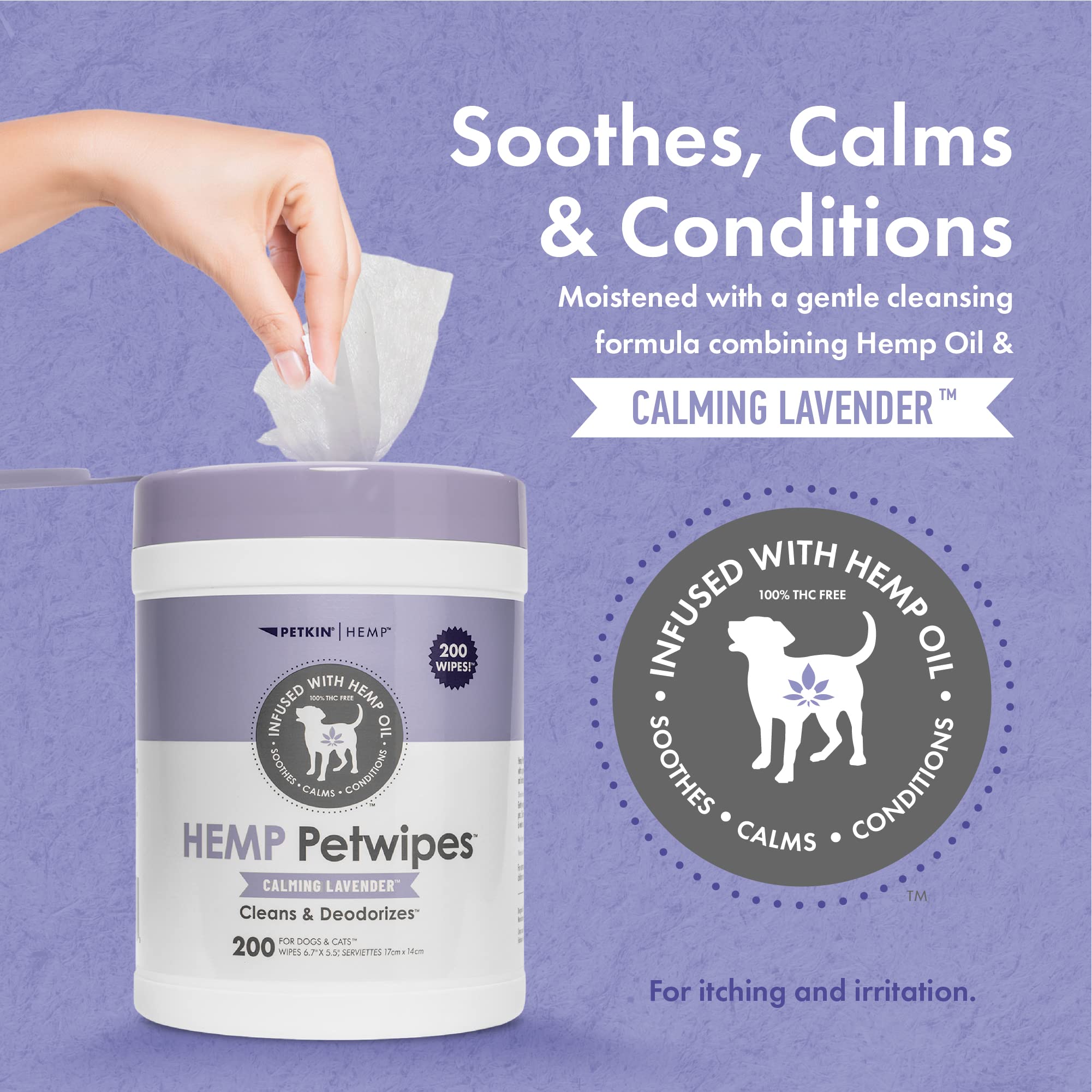 Petkin Hemp Pet Wipes For Dogs And Cats - With Hemp Oil & Calming Lavender Scent, 200 Count - Soothes, Calms & Conditions - Wipe
