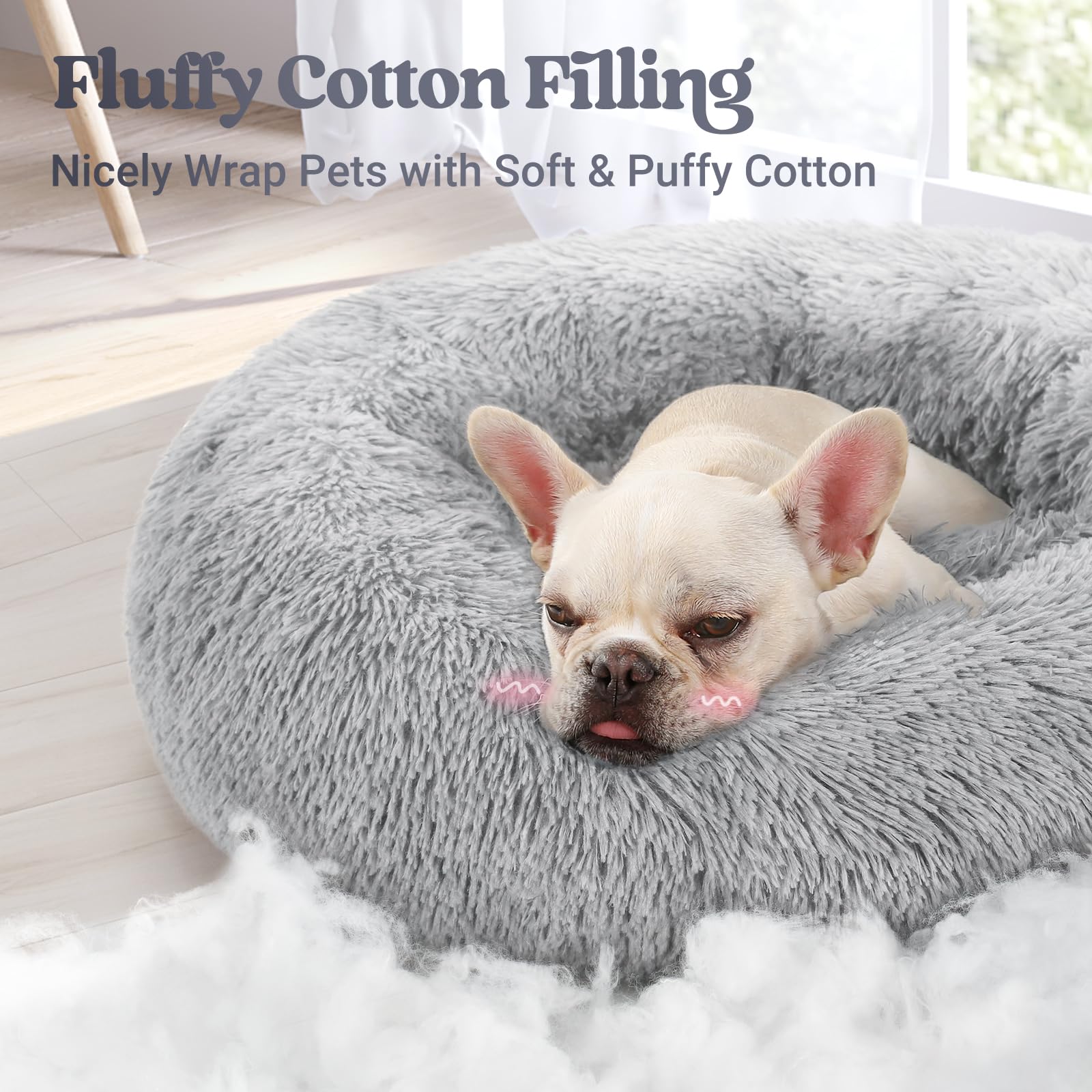 Rabbitgoo Dog Bed For Small, 24 Inches Machine Washable, Fluffy Donut Pet Bed Anti-Slip, Calming Soft Plush Round Cushion, Fits Up To 18 Lbs Pets, Light Grey