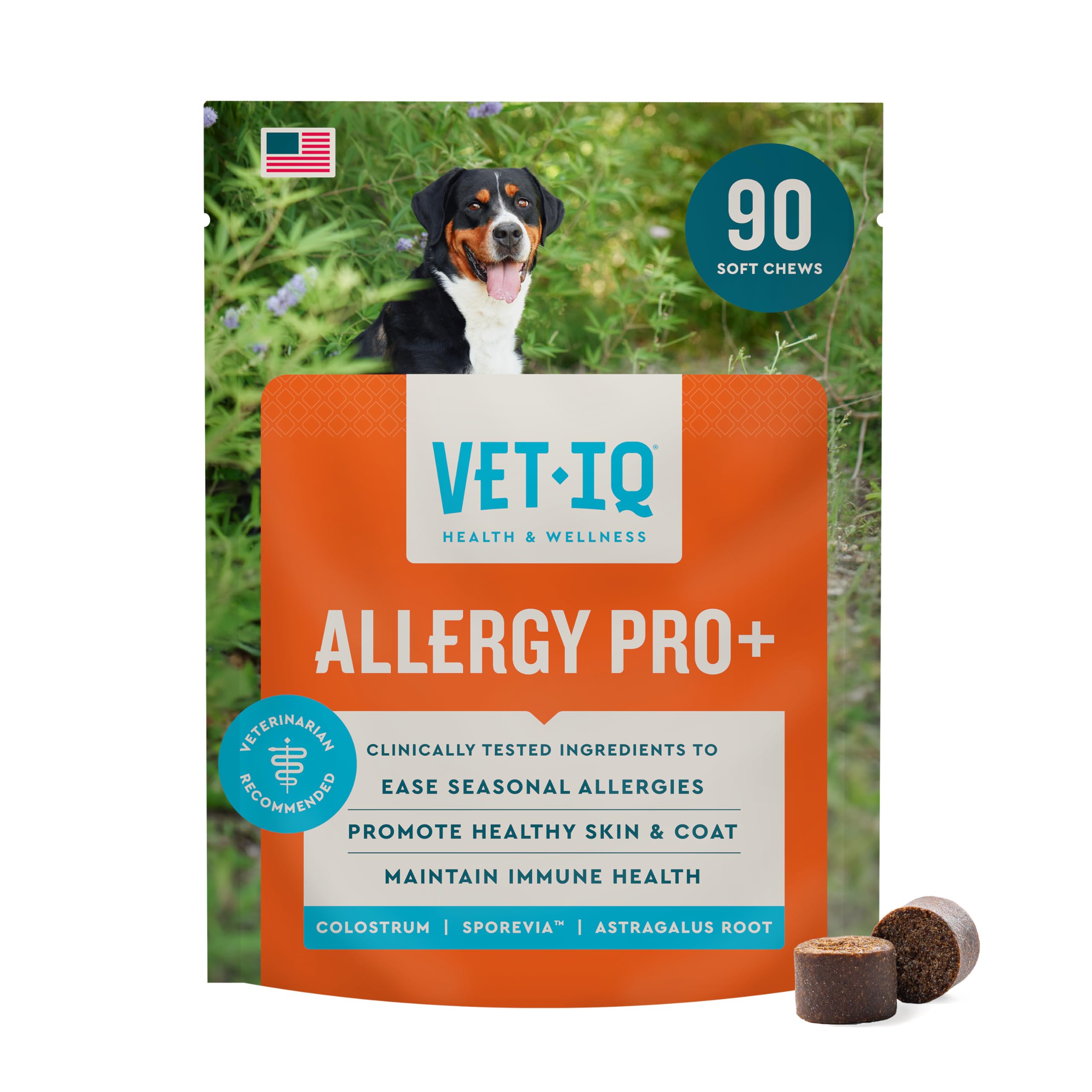 VetIQ Allergy Pro+ Soft Chews for Dogs, Dog Allergy Chews, Seasonal Support, Colostrum, Astragalus Root, Sporevia, Hickory Smoke