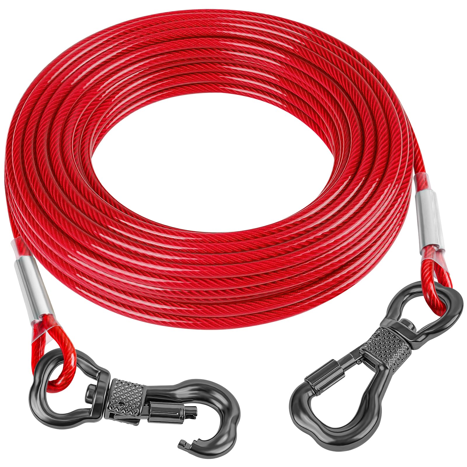 Tresbro 60Ft Red Reflective Tie Out Cable For Dogs Up To 250 Pounds, Steel Wire Lead Leash With Stainless Rotatable Buckle, Ligh