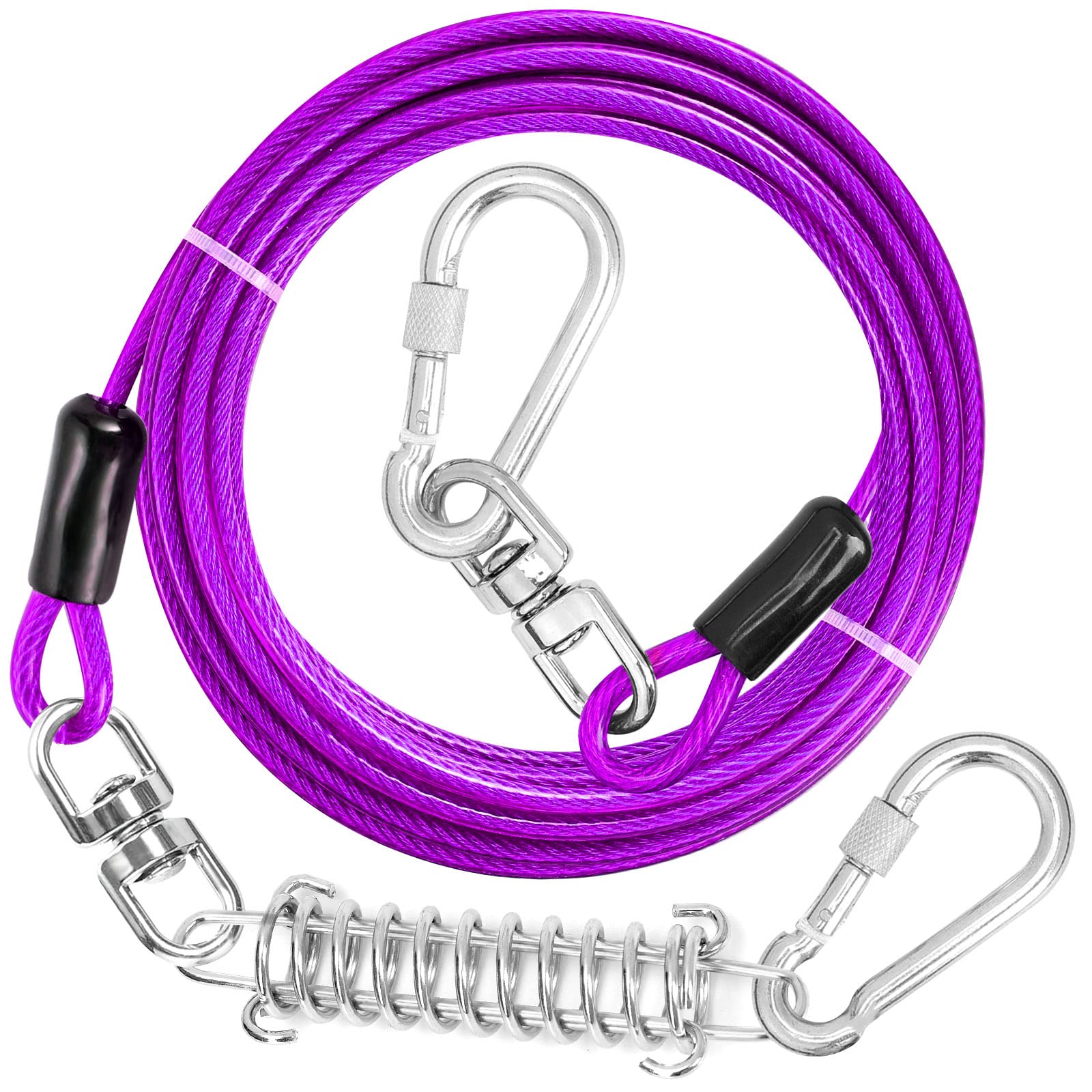 Jenico Dog Tie Out Cable - 10/15/20/30/40/50/70/100/150FT Runner Cable with Swivel Hook and Shock Spring, Leash Tether for Yard,
